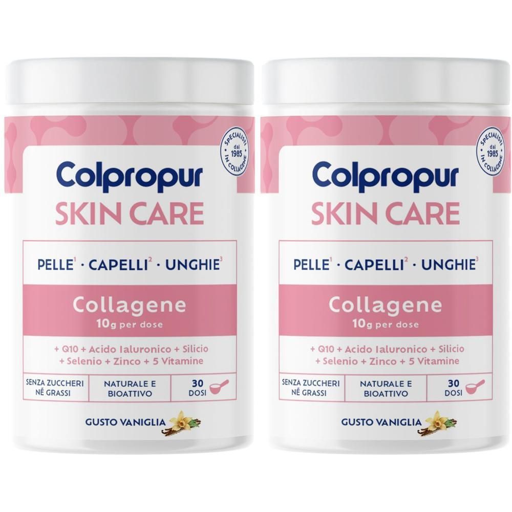 Due barattoli di polvere di collagene Colpropur Skin Care gusto vaniglia. Ogni barattolo contiene 30 dosi.