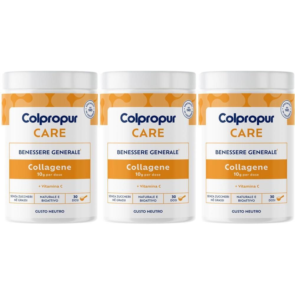 Tre barattoli Colpropur CARE Collagene con Vitamina C, 10g per dose.