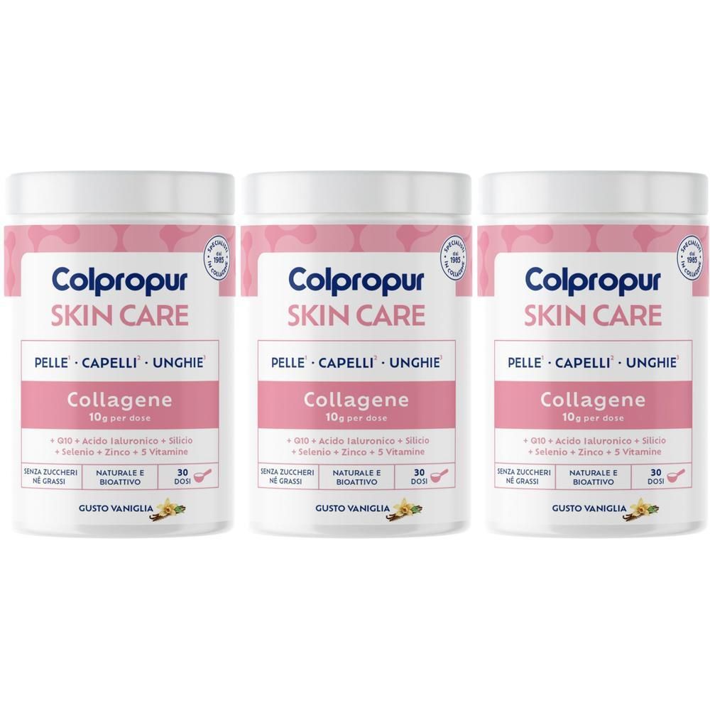 Tre barattoli di polvere di collagene Colpropur Skin Care. Ogni barattolo contiene 10g di collagene, acido ialuronico, silicio, selenio, zinco e 5 vitamine.