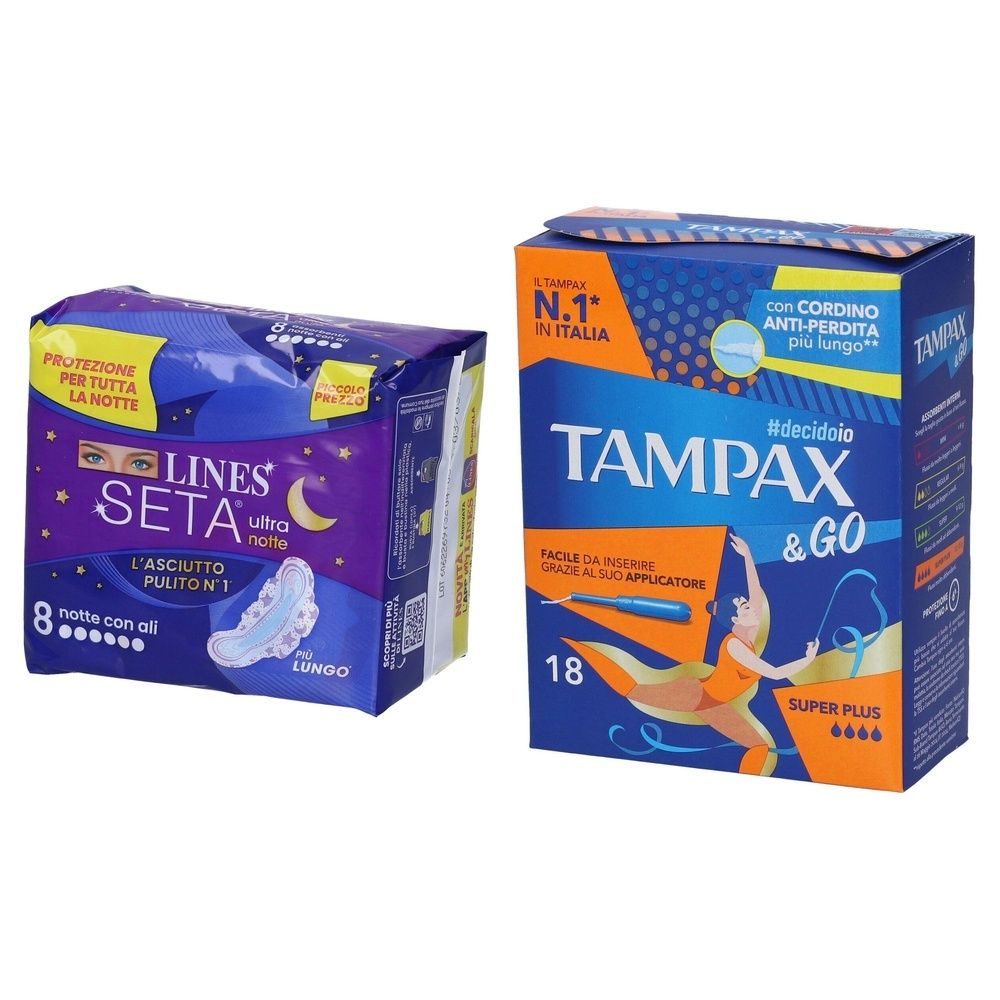 LINES Seta Ultra Notte con Ali + Tampax &Go Super Plus