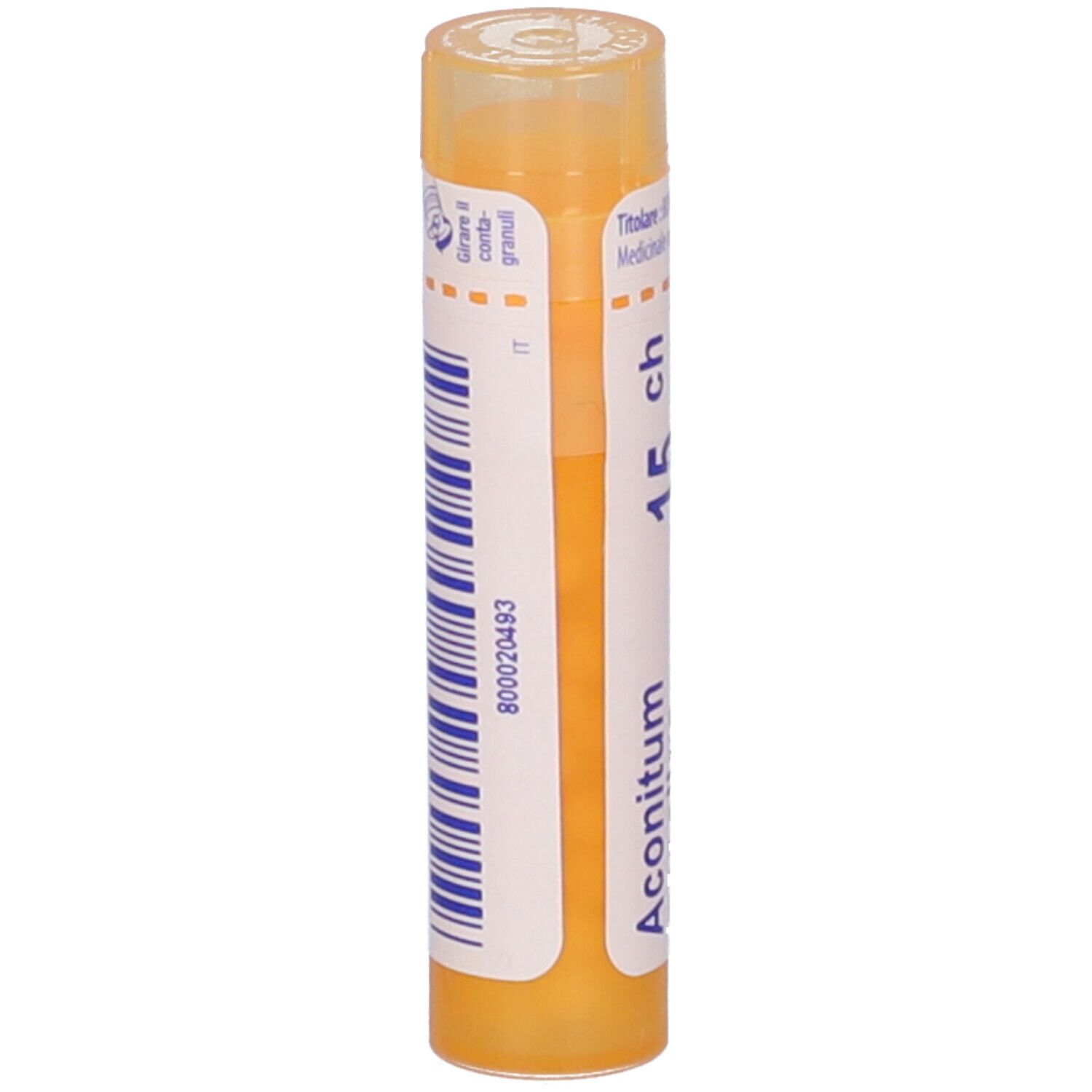 Confezione cilindrica con 'Aconitum' e '15 ch'. Codice a barre e informazioni produttore.