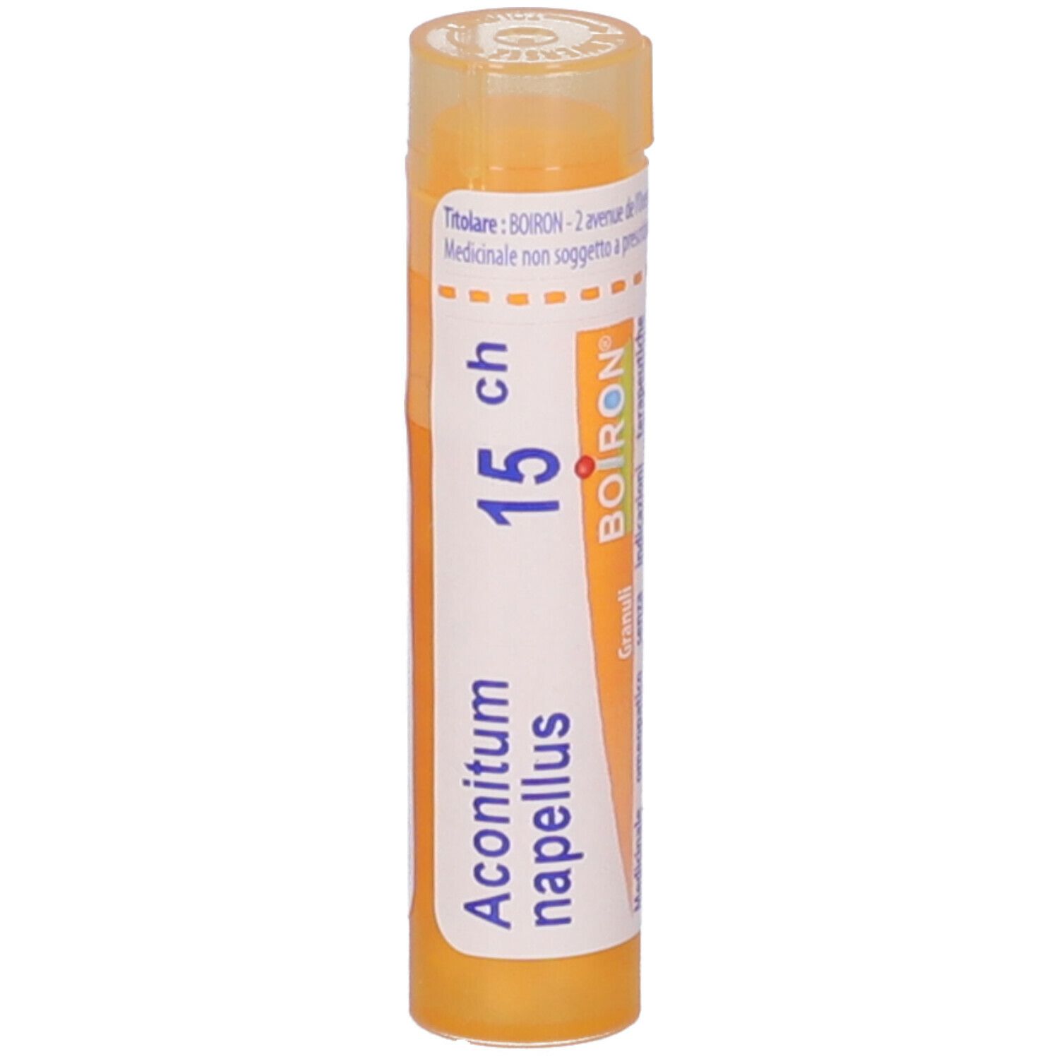 Confezione cilindrica con 'Aconitum napellus 15 ch' e logo BOIRON. Tappo giallo.