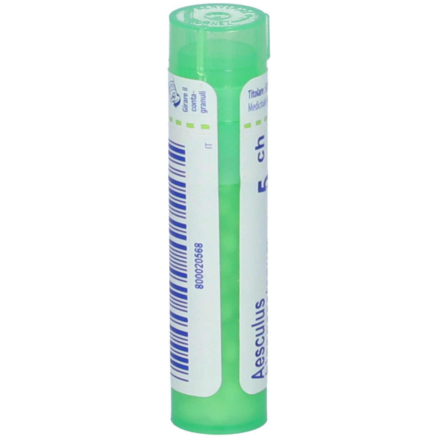 Tubo verde con etichetta bianca. Scritta: 800020568, Aesculus, 5 ch.