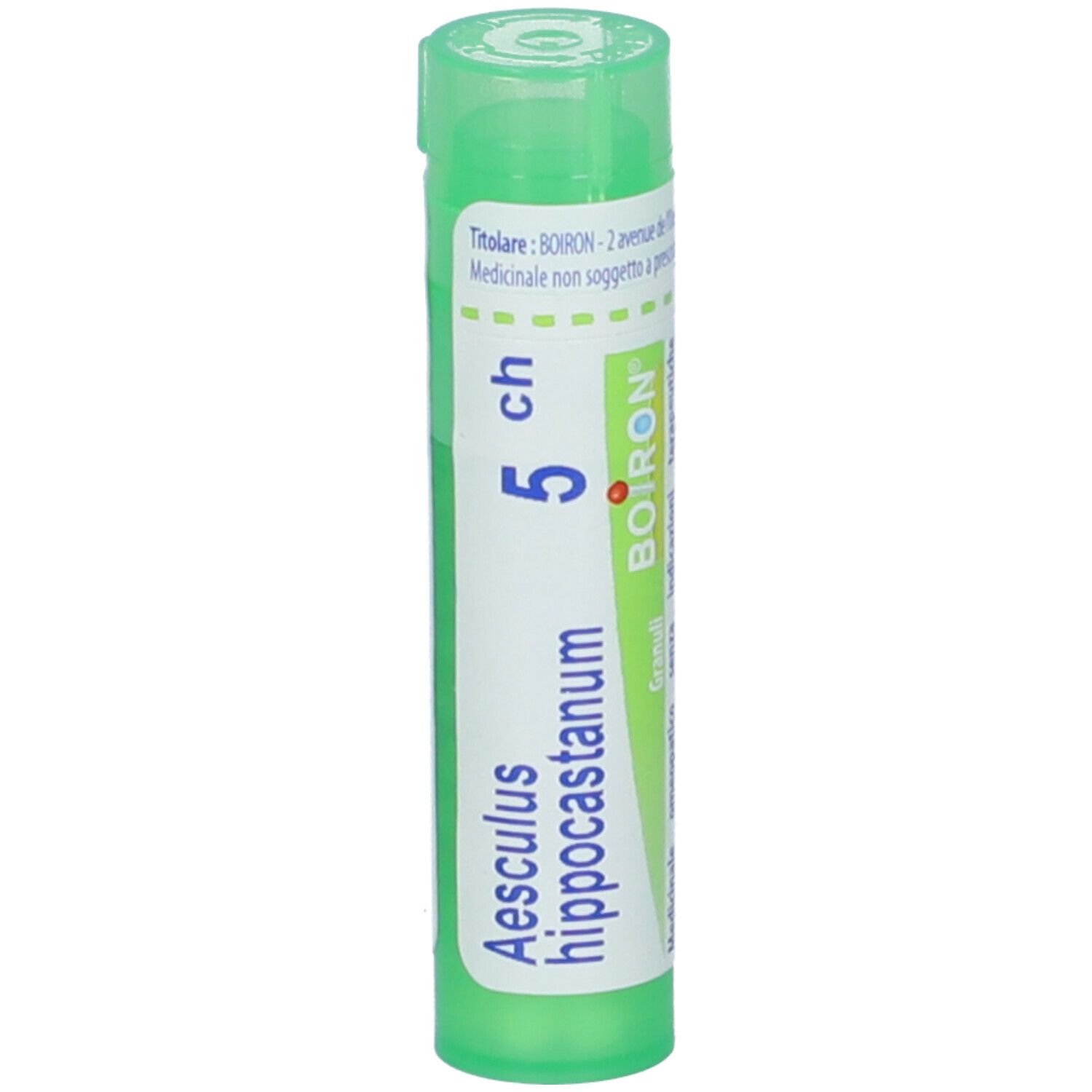 Tubo verde con etichetta bianca. Scritta: Aesculus hippocastanum, 5 ch, BOIRON.