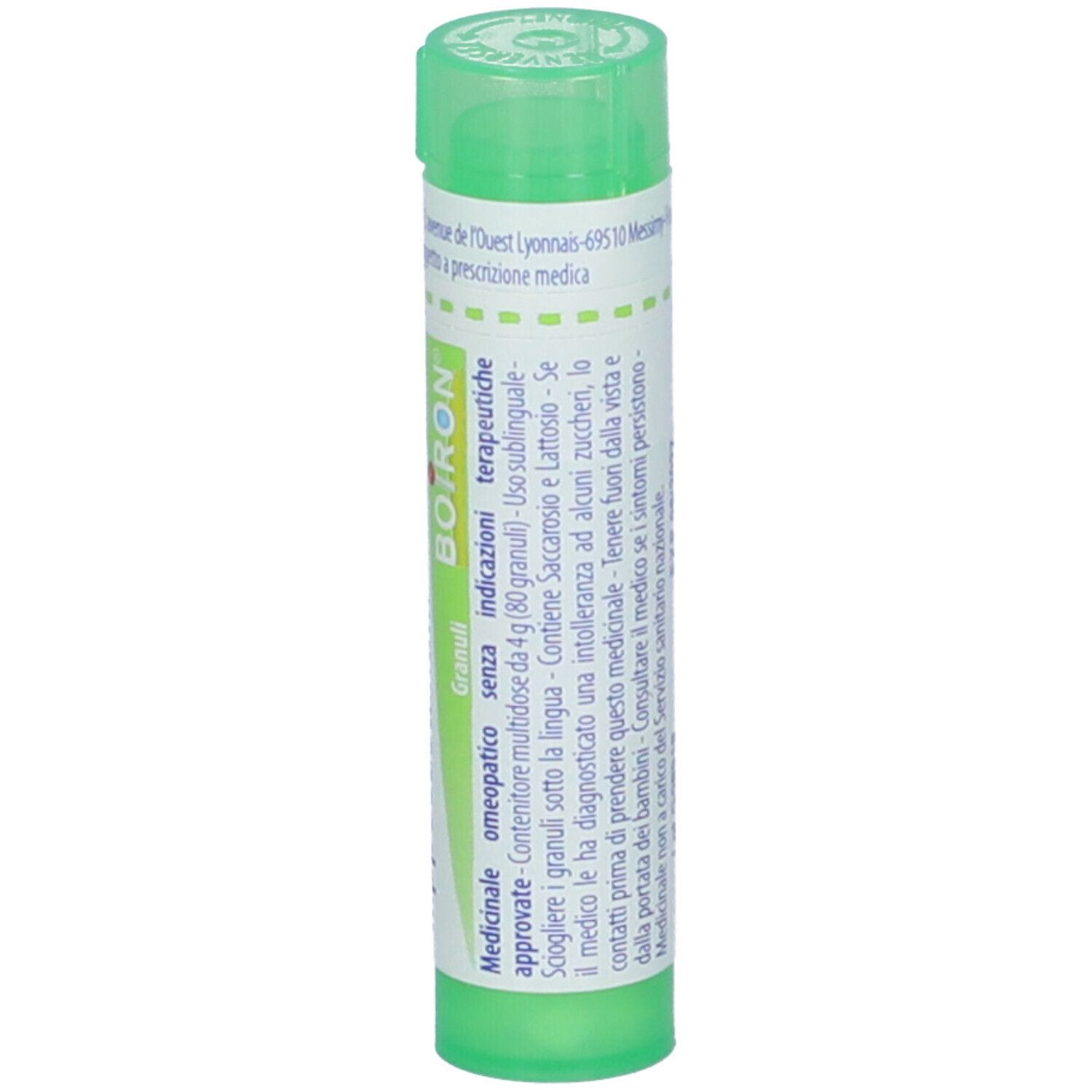 Tubo verde con etichetta bianca. Scritta: BOIRON, Granuli, Medicinale.