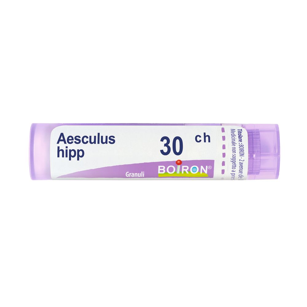 Flacone cilindrico viola con testo bianco. Scritta: Aesculus hipp 30 ch Granuli. Marchio: BOIRON.