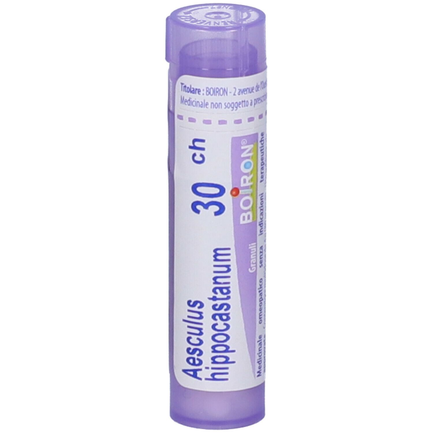Flacone cilindrico viola con testo bianco. Scritta: Aesculus hippocastanum 30 ch. Marchio: BOIRON.