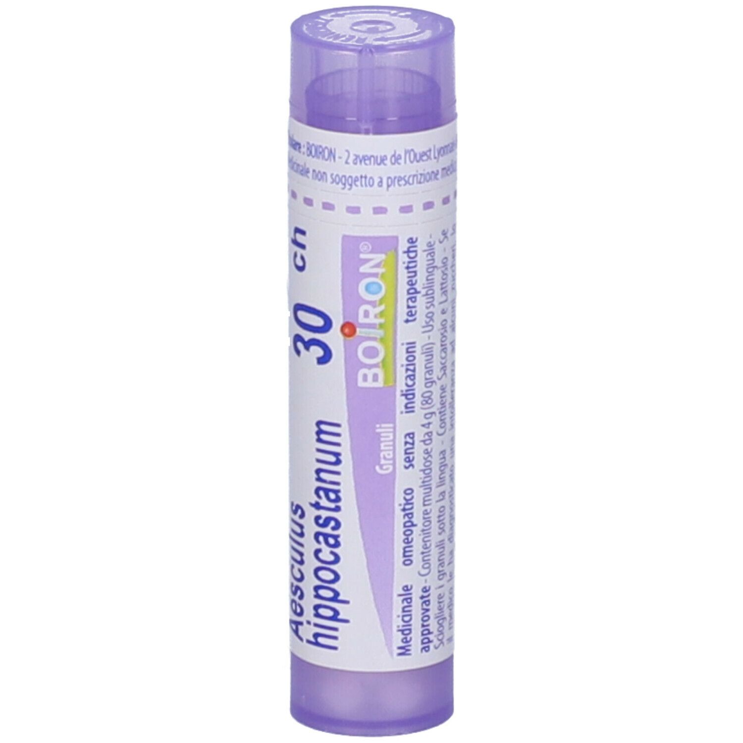 Flacone cilindrico viola con testo bianco. Scritta: Aesculus hippocastanum 30 ch. Marchio: BOIRON.