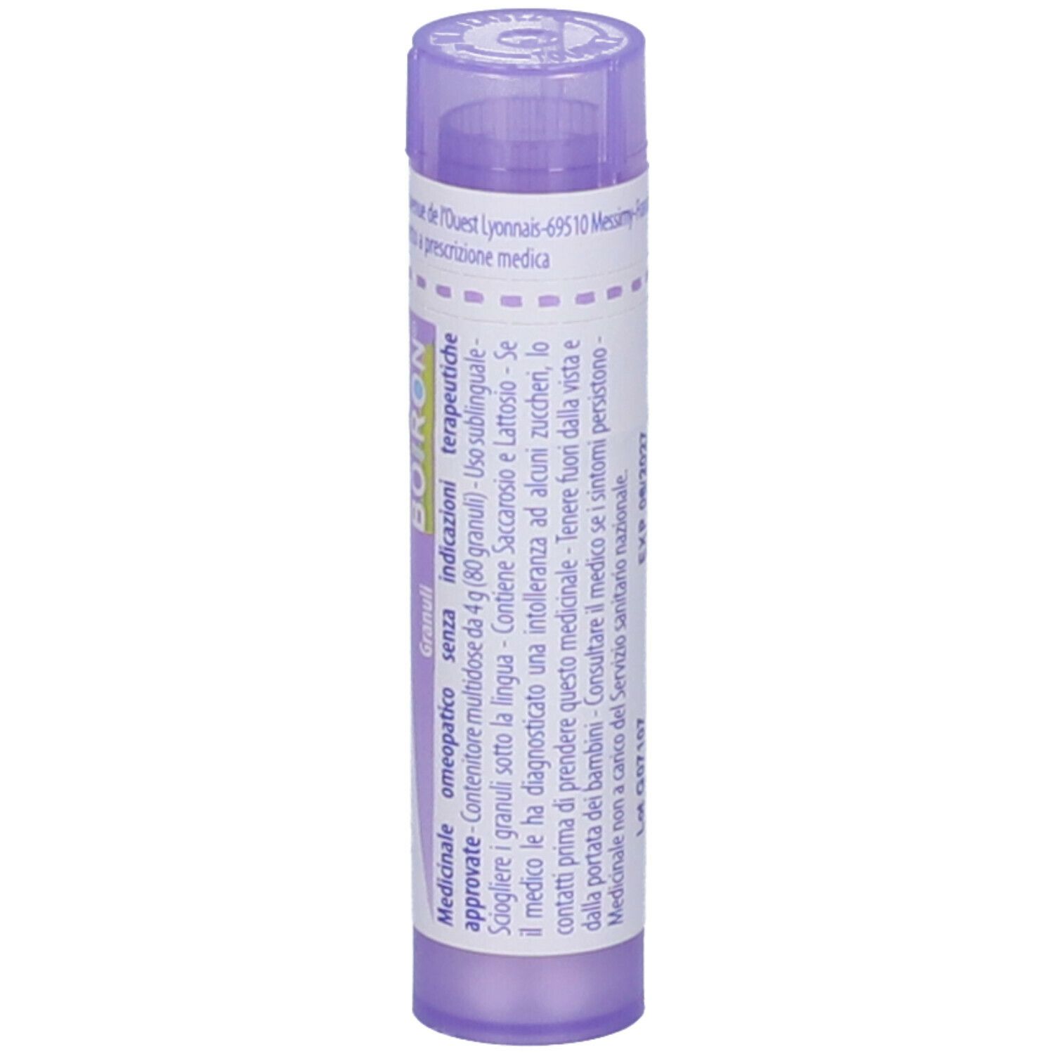 Flacone cilindrico viola con testo bianco. Scritta: Aesculus hippocastanum 30 ch. Marchio: BOIRON.