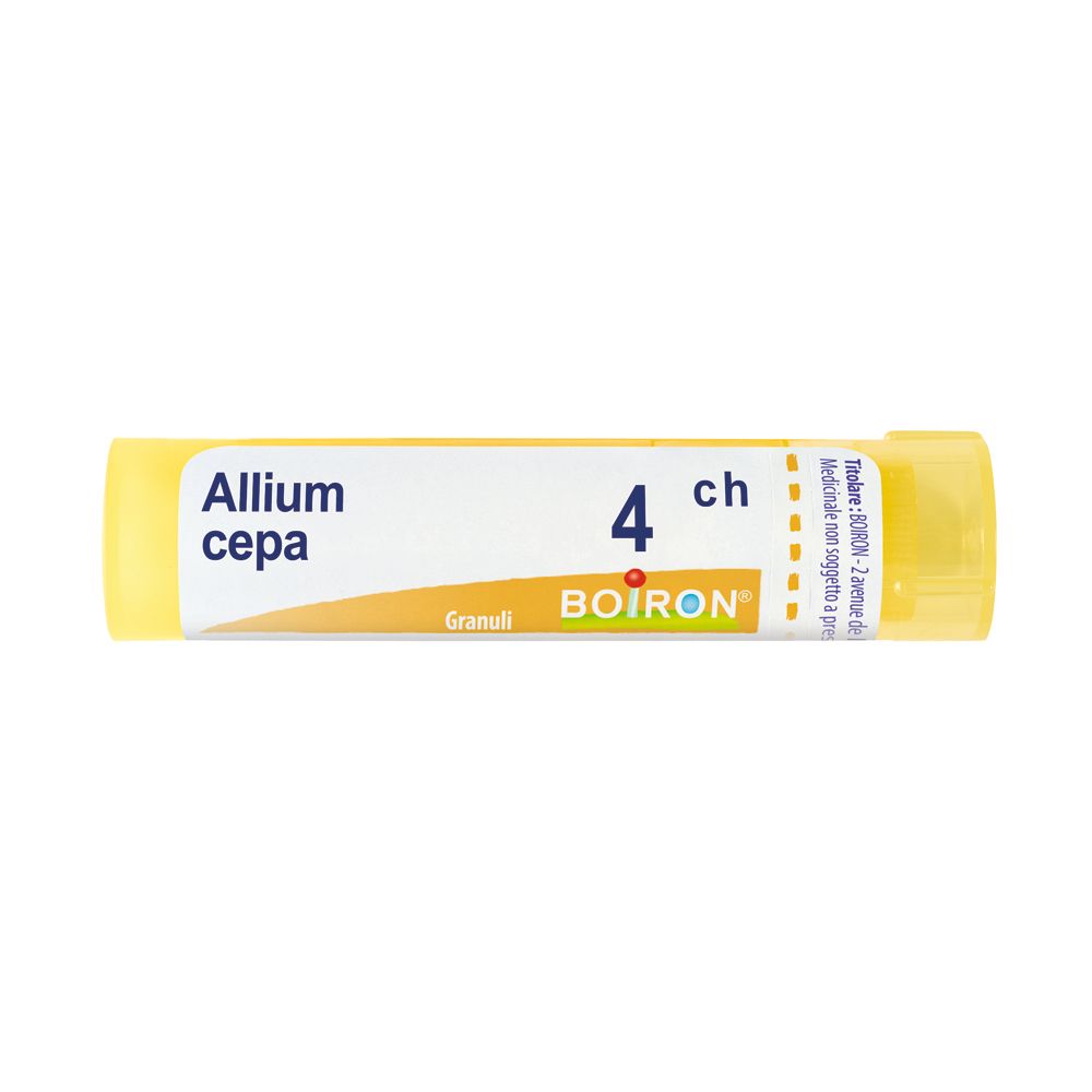 Tubo giallo con etichetta bianca. Scritta: Allium cepa 4 ch, Granuli, BOIRON.