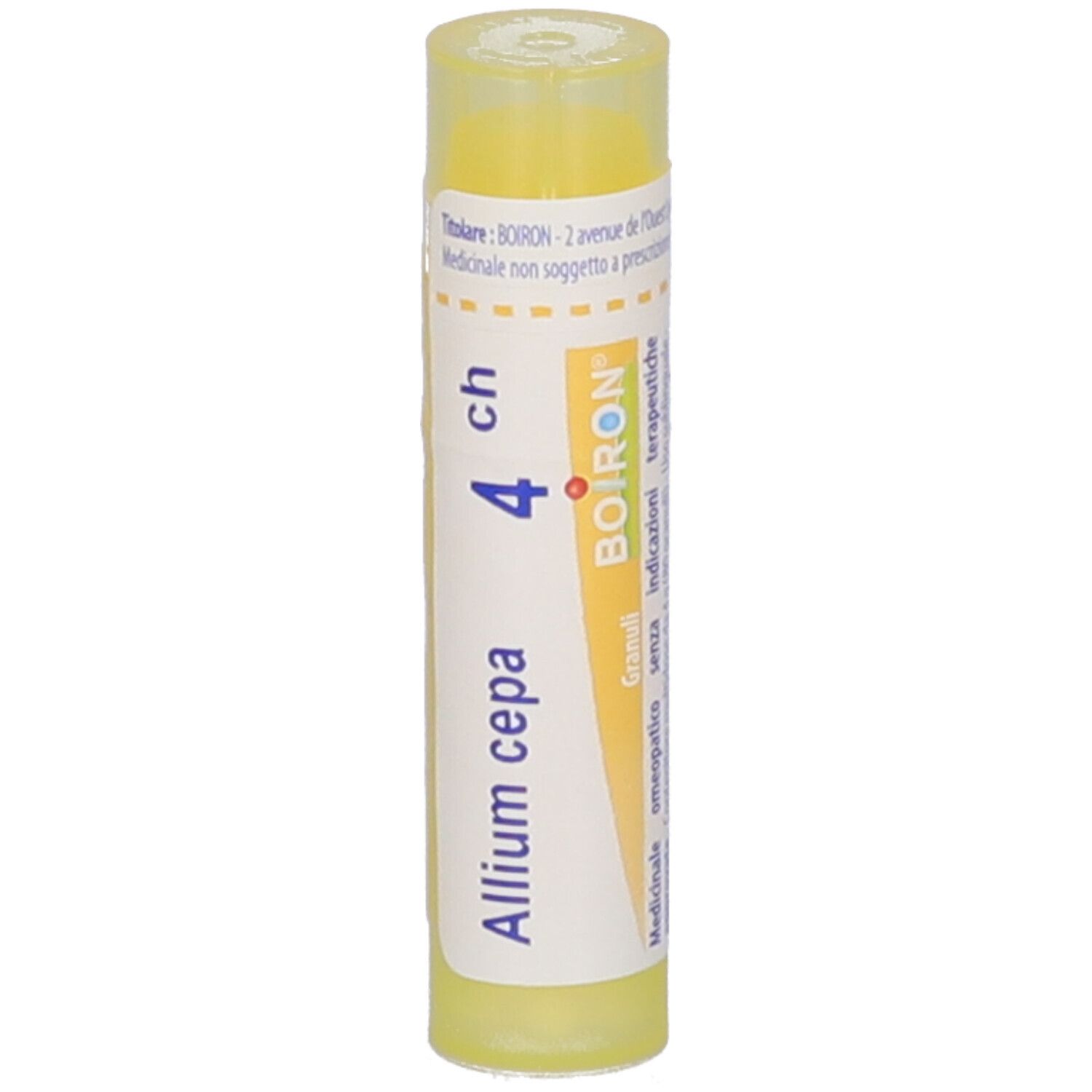 Tubo giallo con etichetta bianca. Scritta: Allium cepa 4 ch, BOIRON. Testo sul retro.