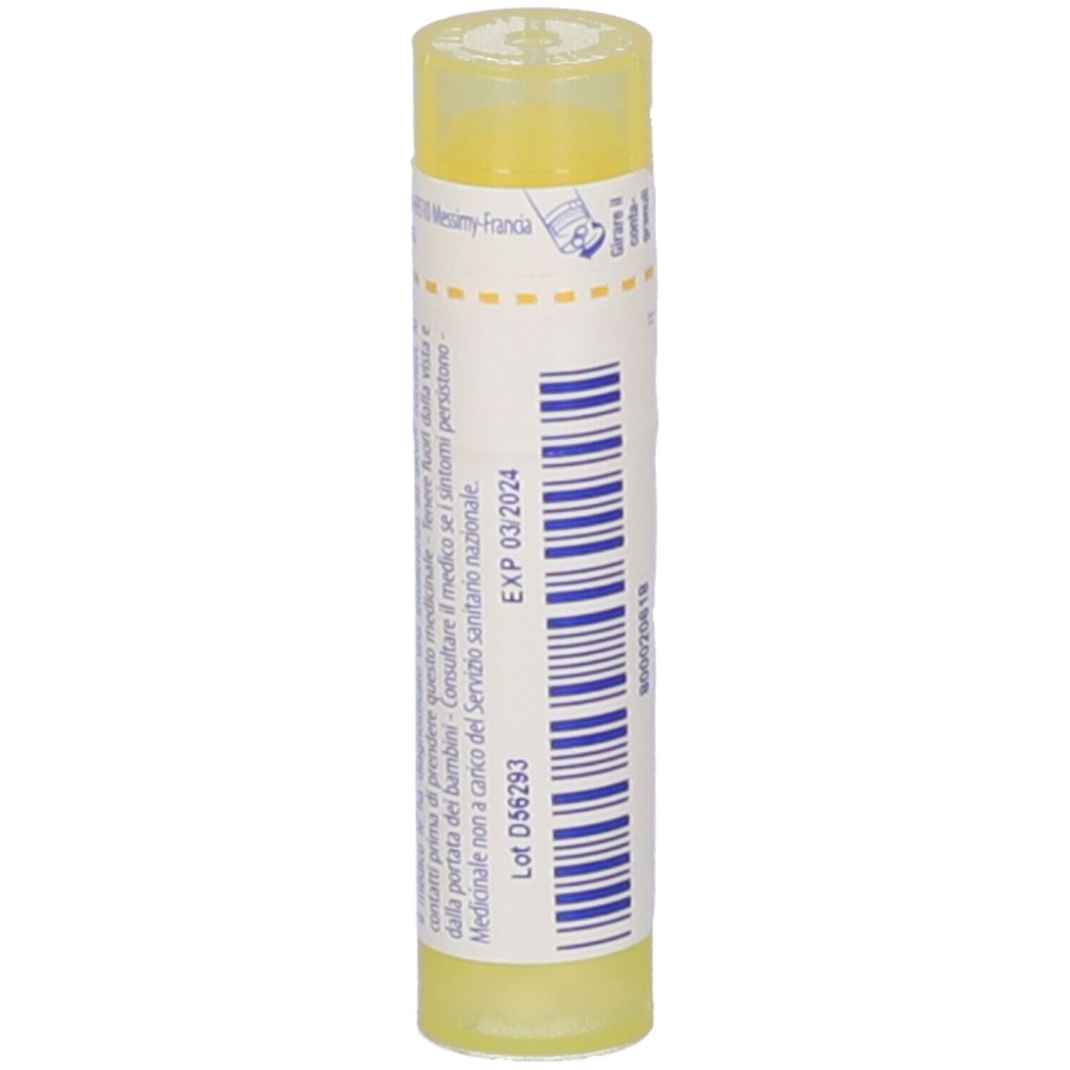 Tubo giallo con etichetta bianca. Scritta: Allium cepa 4 ch, BOIRON. Testo e data di scadenza.
