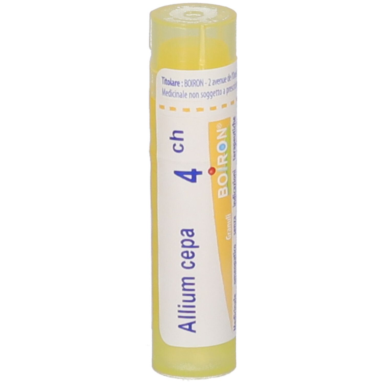 Tubo giallo con etichetta bianca. Scritta: Allium cepa 4 ch, BOIRON. Testo sul retro.