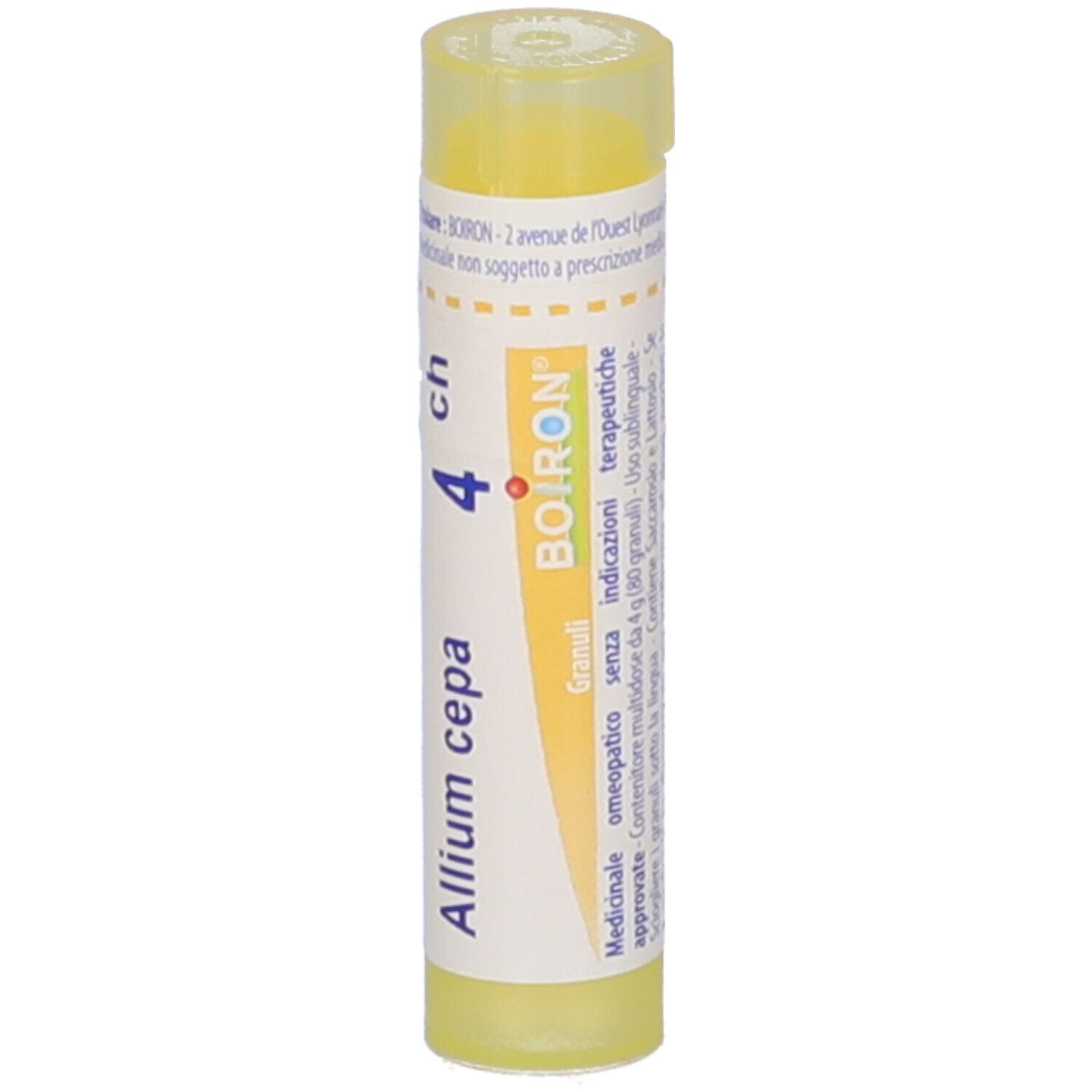 Tubo giallo con etichetta bianca. Scritta: Allium cepa 4 ch, BOIRON. Testo sul retro.
