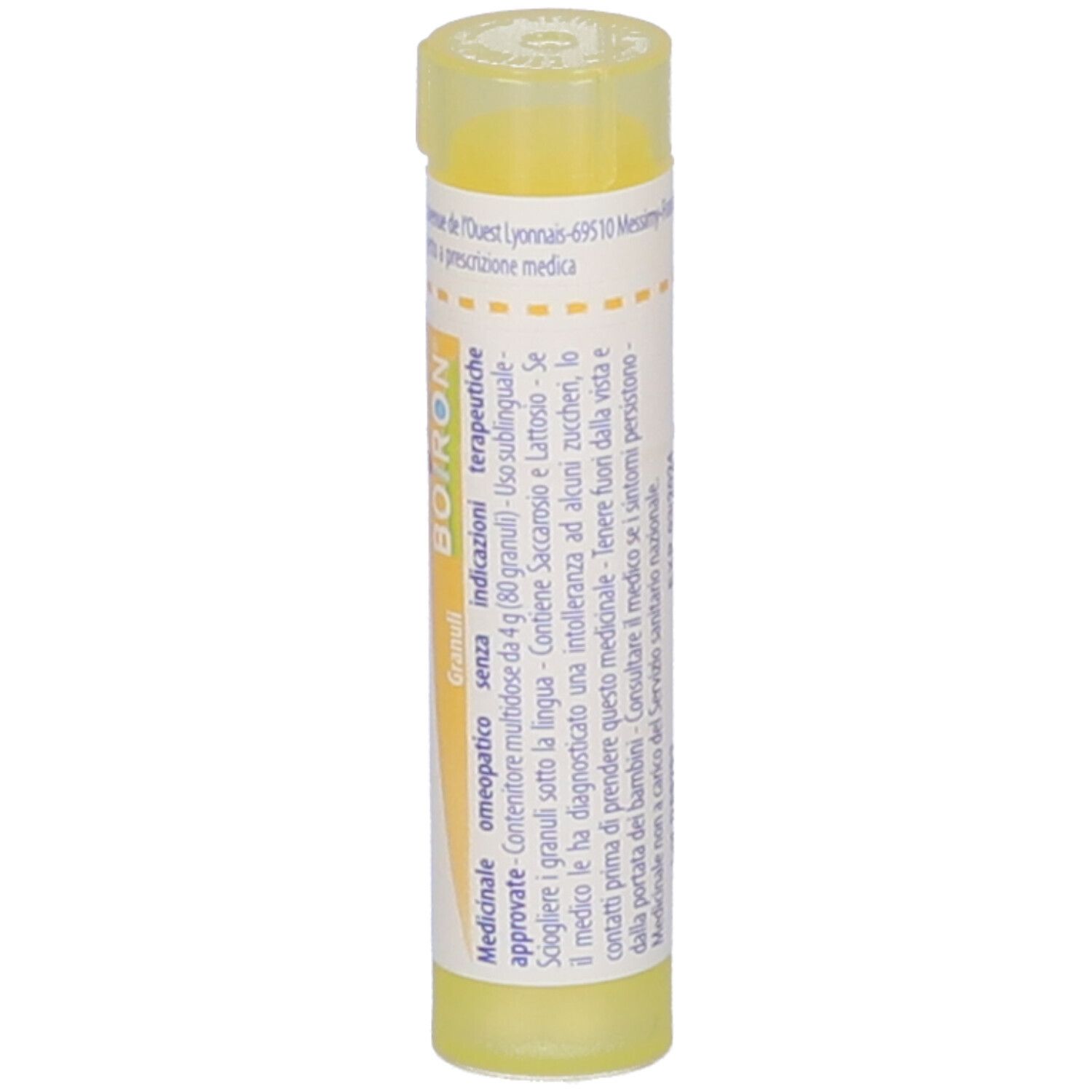 Tubo giallo con etichetta bianca. Scritta: Allium cepa 4 ch, BOIRON. Testo sul retro.