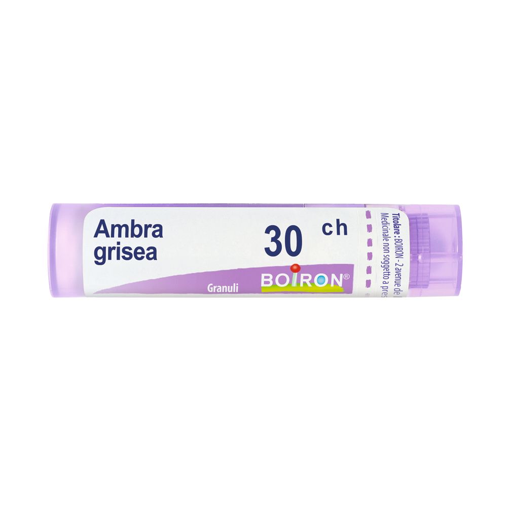 Confezione cilindrica viola. Scritte: Ambra grisea, 30 ch, Granuli, BOIRON. Sfondo bianco.