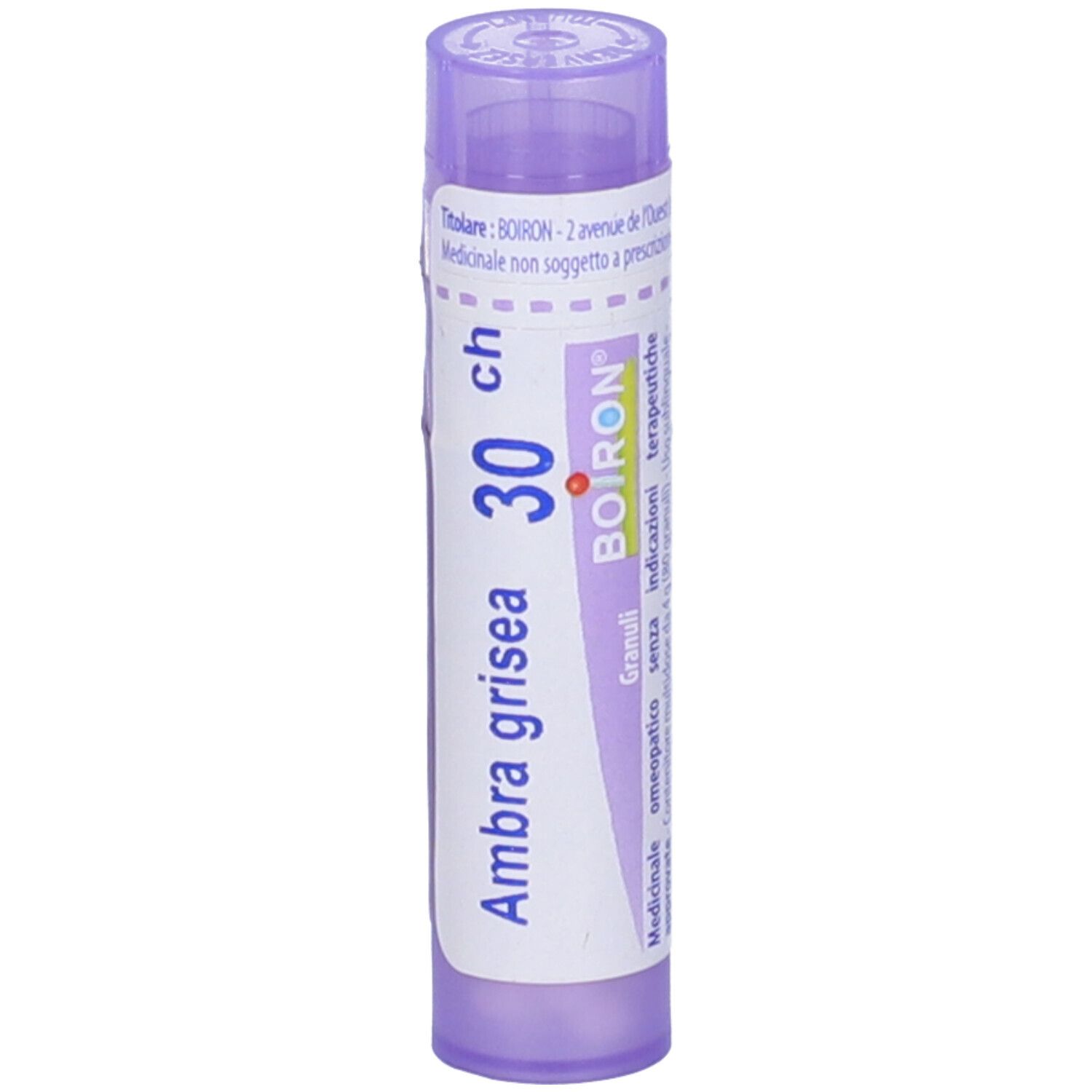 Confezione cilindrica viola. Scritte: Ambra grisea, 30 ch, BOIRON, Granuli. Etichetta bianca con testo.