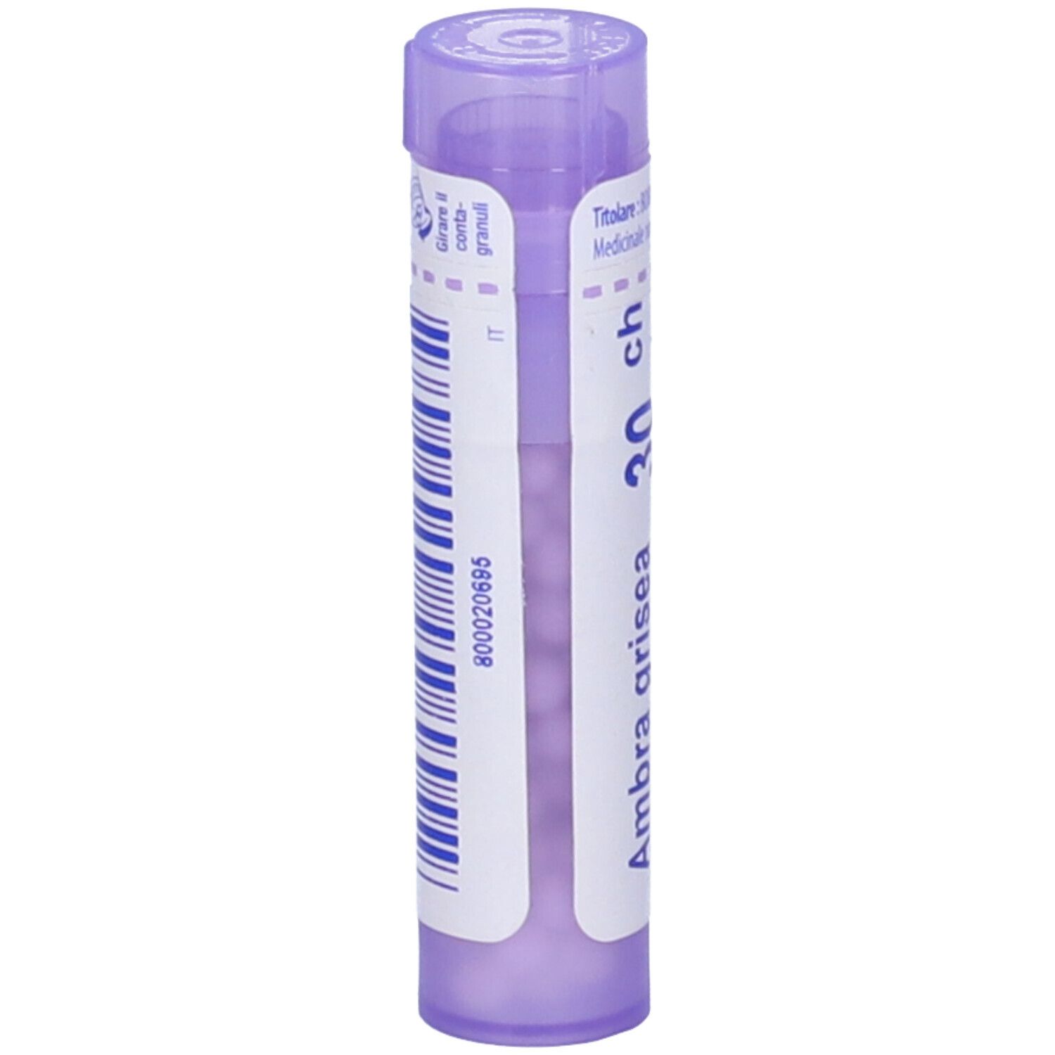 Confezione cilindrica viola. Scritte: Ambra grisea, 30 ch. Etichetta bianca con testo e codice a barre.