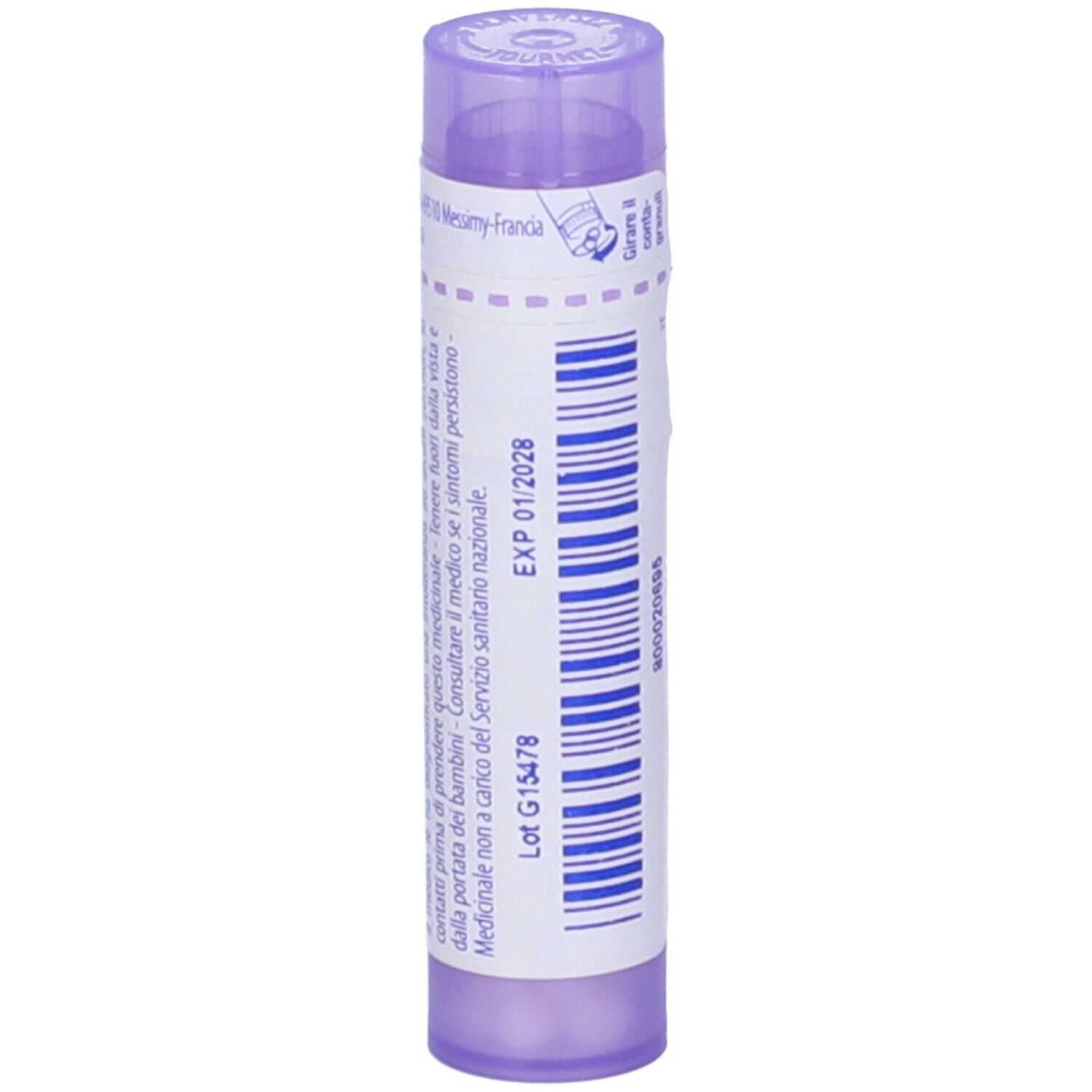 Confezione cilindrica viola. Scritta: EXP 01/2028. Etichetta bianca con testo. Granuli visibili.