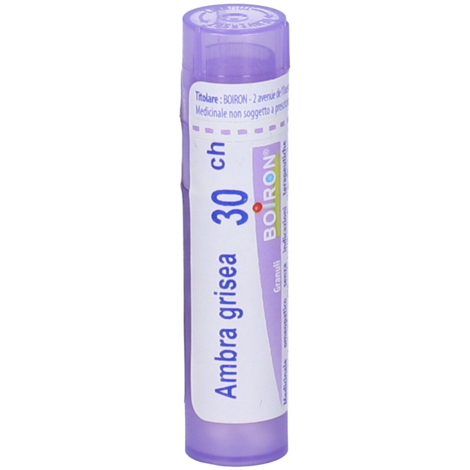 Confezione cilindrica viola. Scritte: Ambra grisea, 30 ch, BOIRON, Granuli. Etichetta bianca.