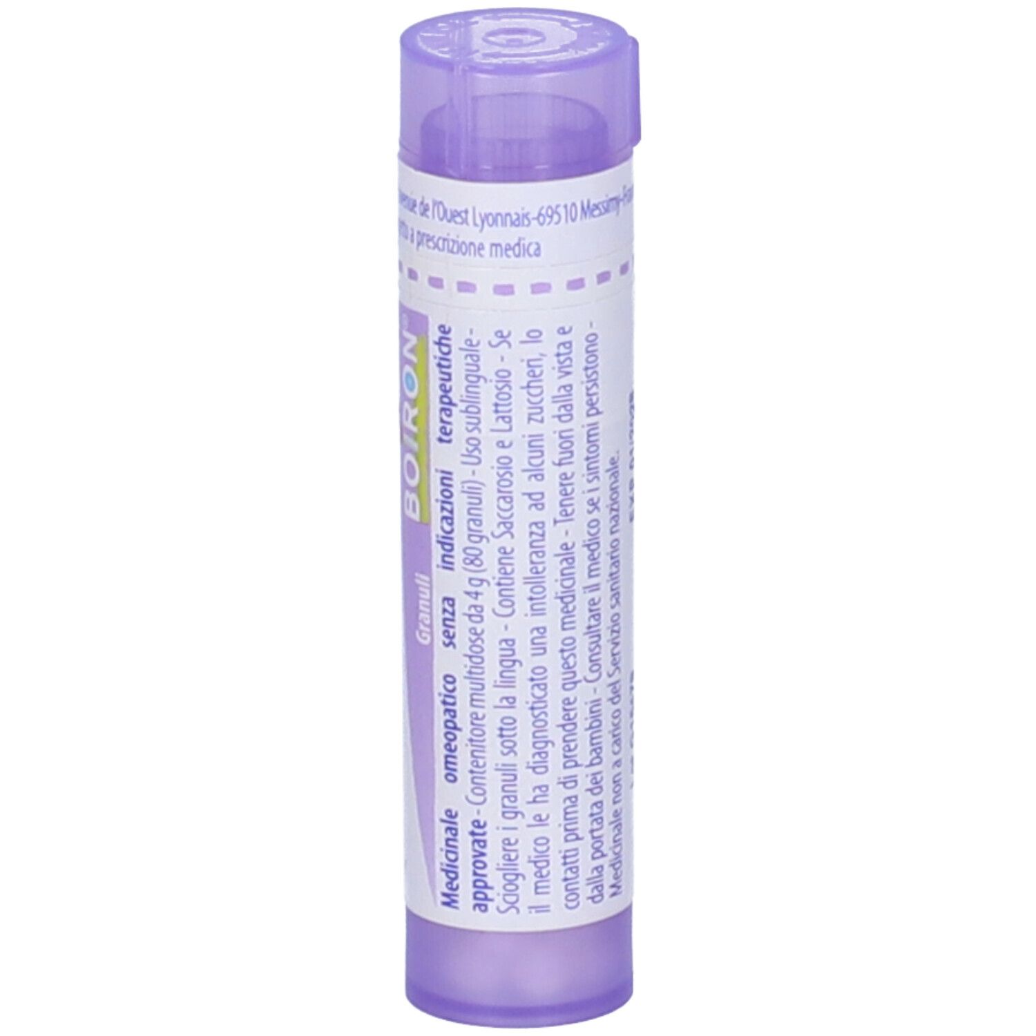 Confezione cilindrica viola. Scritte: Ambra grisea, 30 ch, BOIRON, Granuli. Etichetta bianca.
