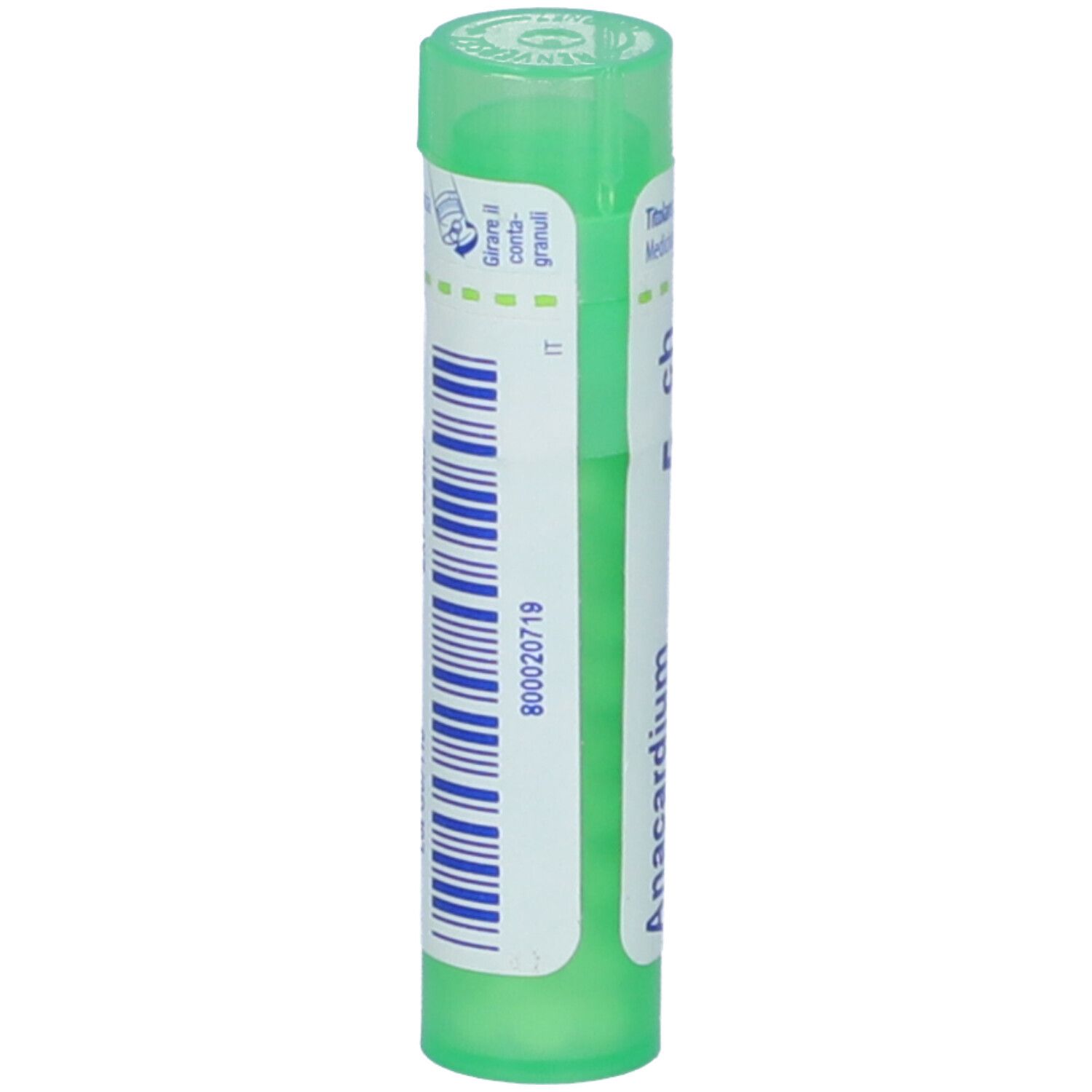 Tubo verde con etichetta bianca. Scritta: Anacardium, 5 ch. Tappo verde. Numero stampato: 800020719.