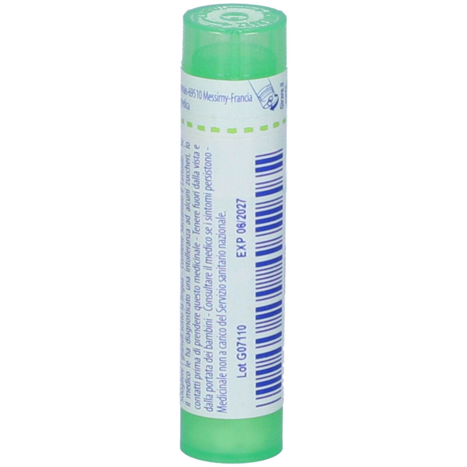 Tubo verde con etichetta bianca. Scritta: EXP 06/2027. Tappo verde. Numero stampato: G07110.