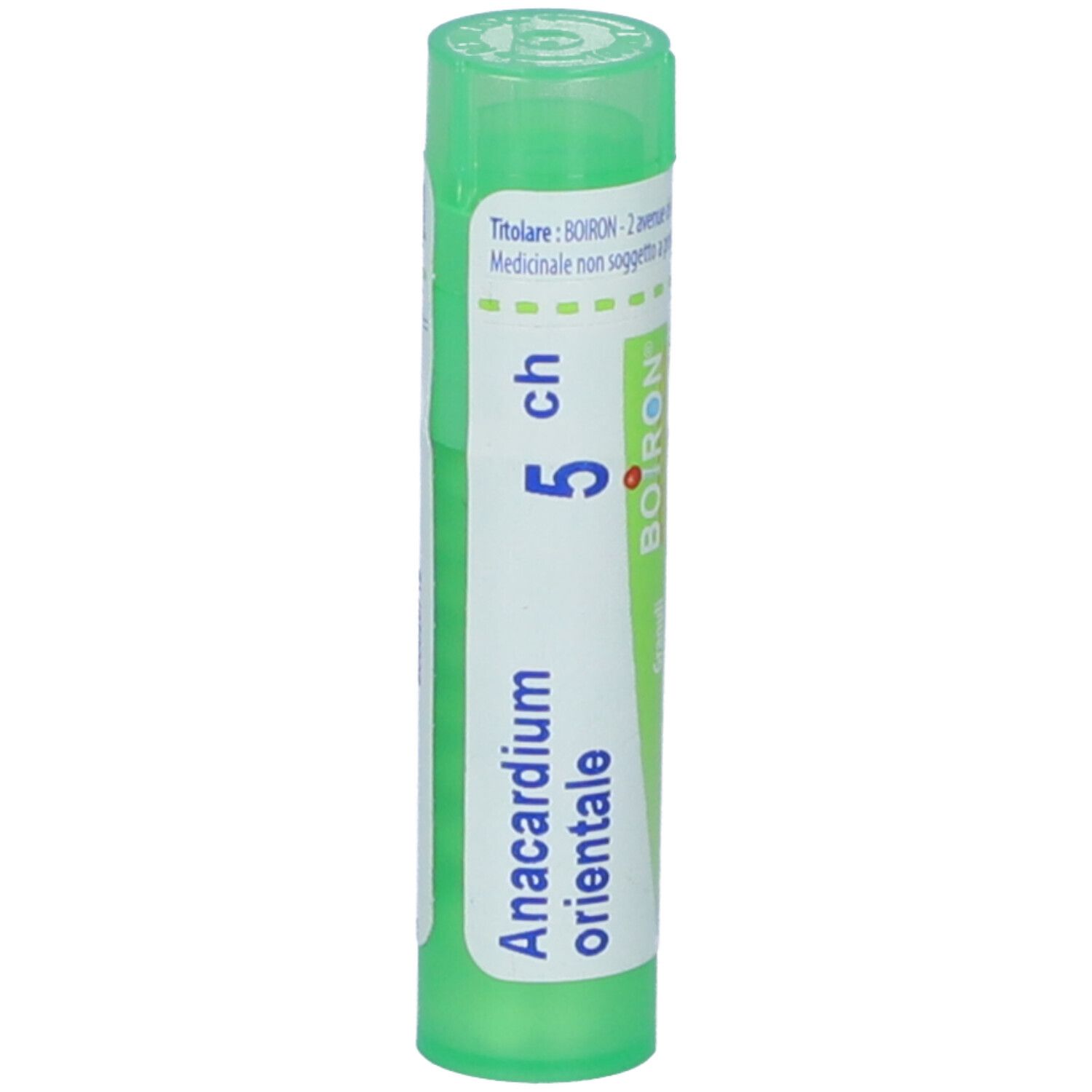 Tubo verde con etichetta bianca. Scritta: Anacardium orientale, 5 ch. Tappo verde.