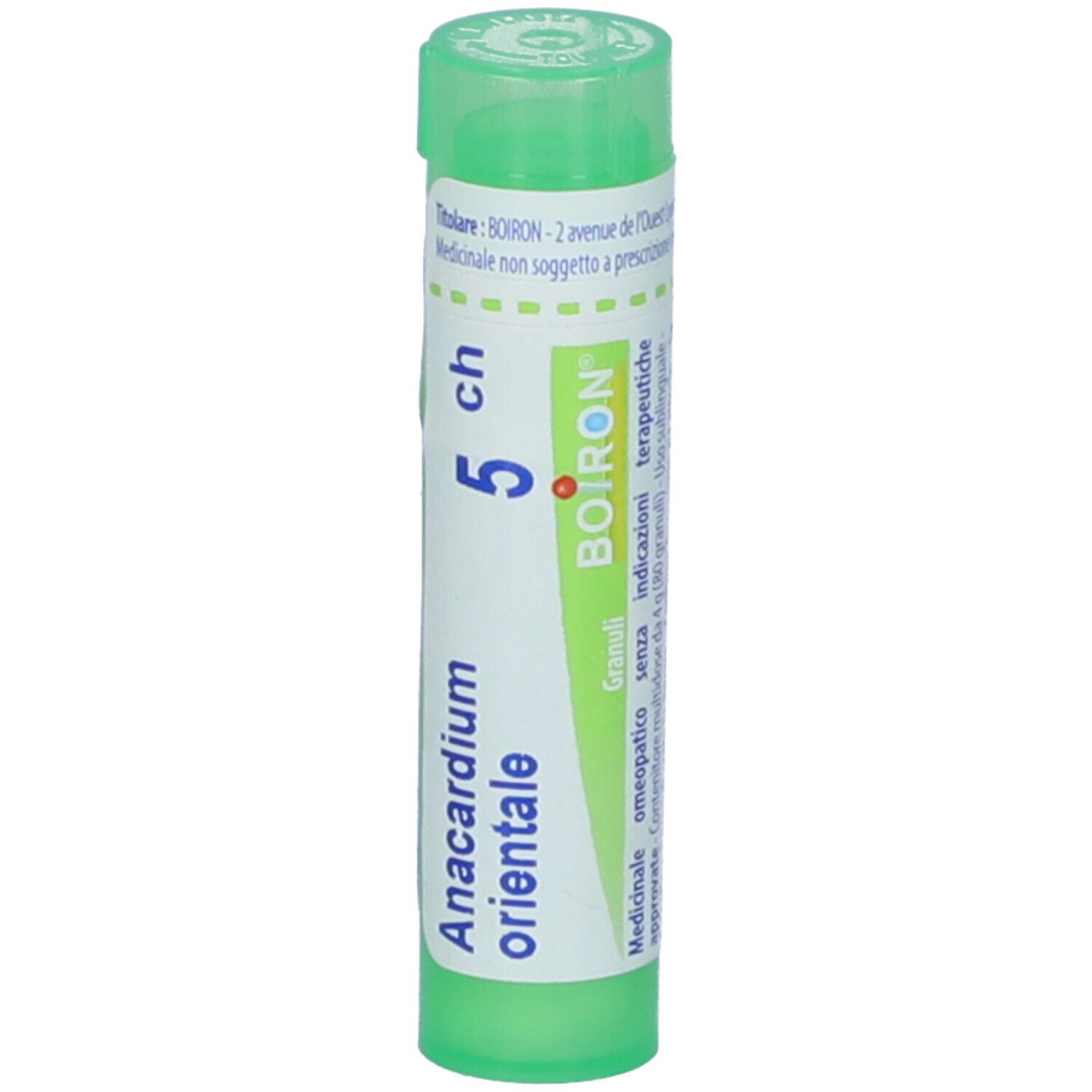Tubo verde con etichetta bianca. Scritta: Anacardium orientale, 5 ch, BOIRON. Tappo verde.