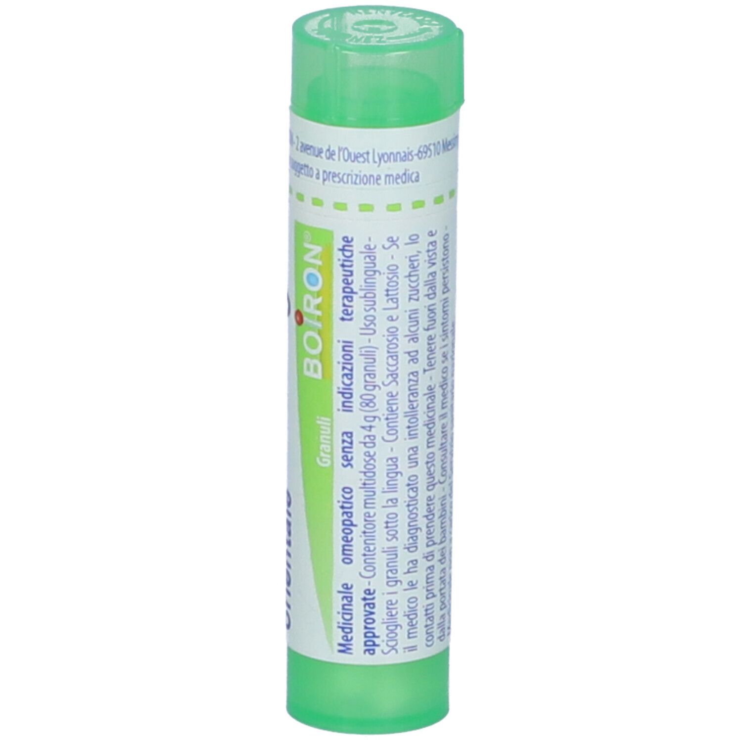 Tubo verde con etichetta bianca. Scritta: BOIRON, Granuli. Tappo verde. Testo multilingue.