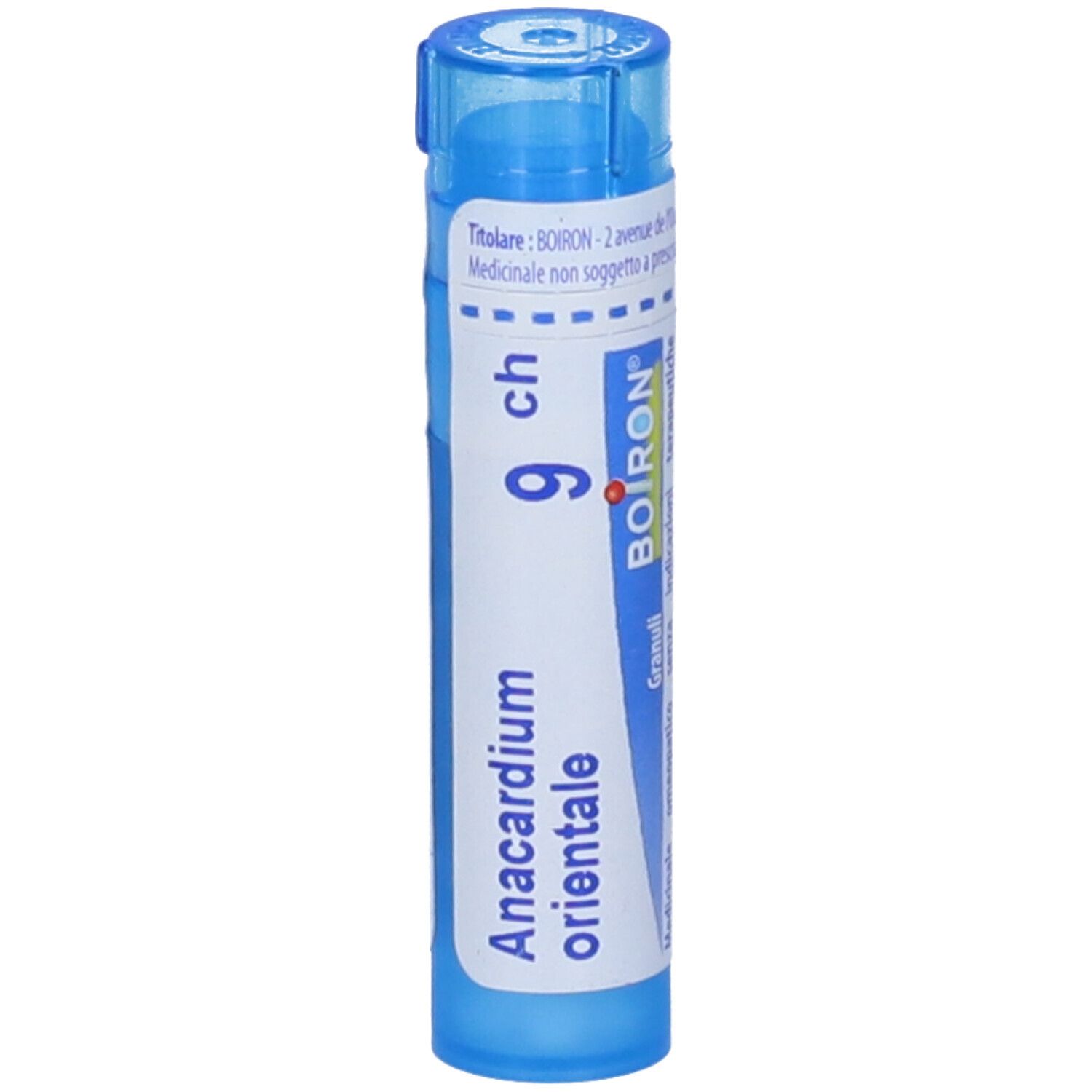Tubo blu con nome del prodotto e marchio BOIRON. Scritta: Anacardium orientale 9 ch.