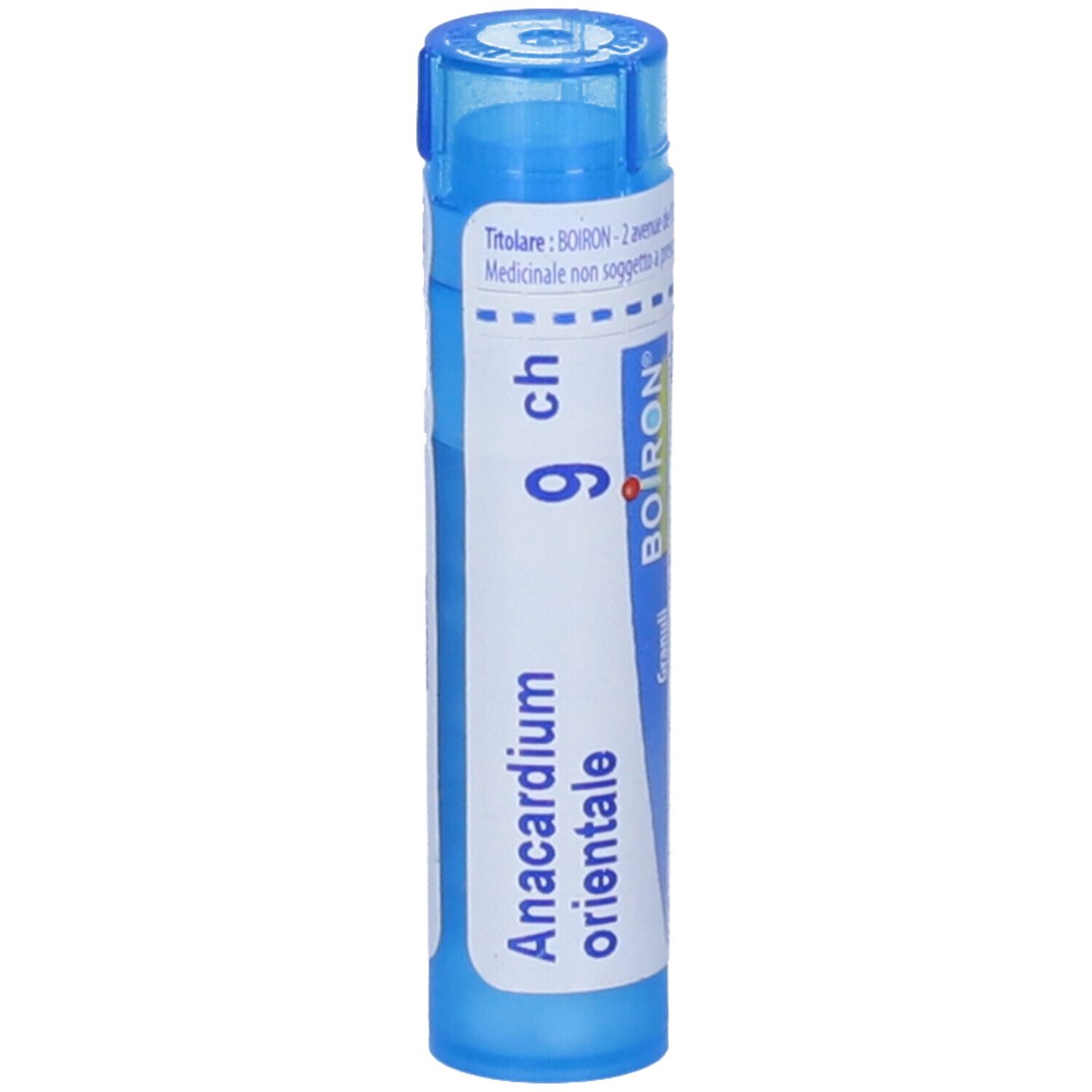 Tubo blu con nome del prodotto e marchio BOIRON. Scritta: Anacardium orientale 9 ch.