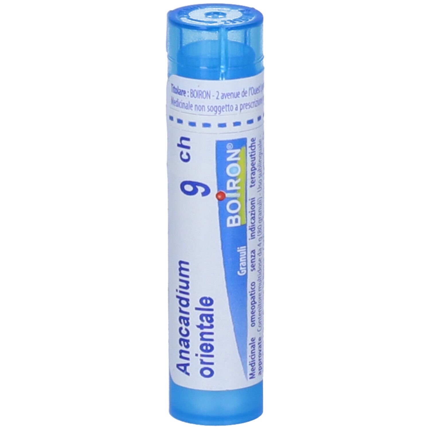 Tubo blu con nome del prodotto e marchio BOIRON. Scritta: Anacardium orientale 9 ch.