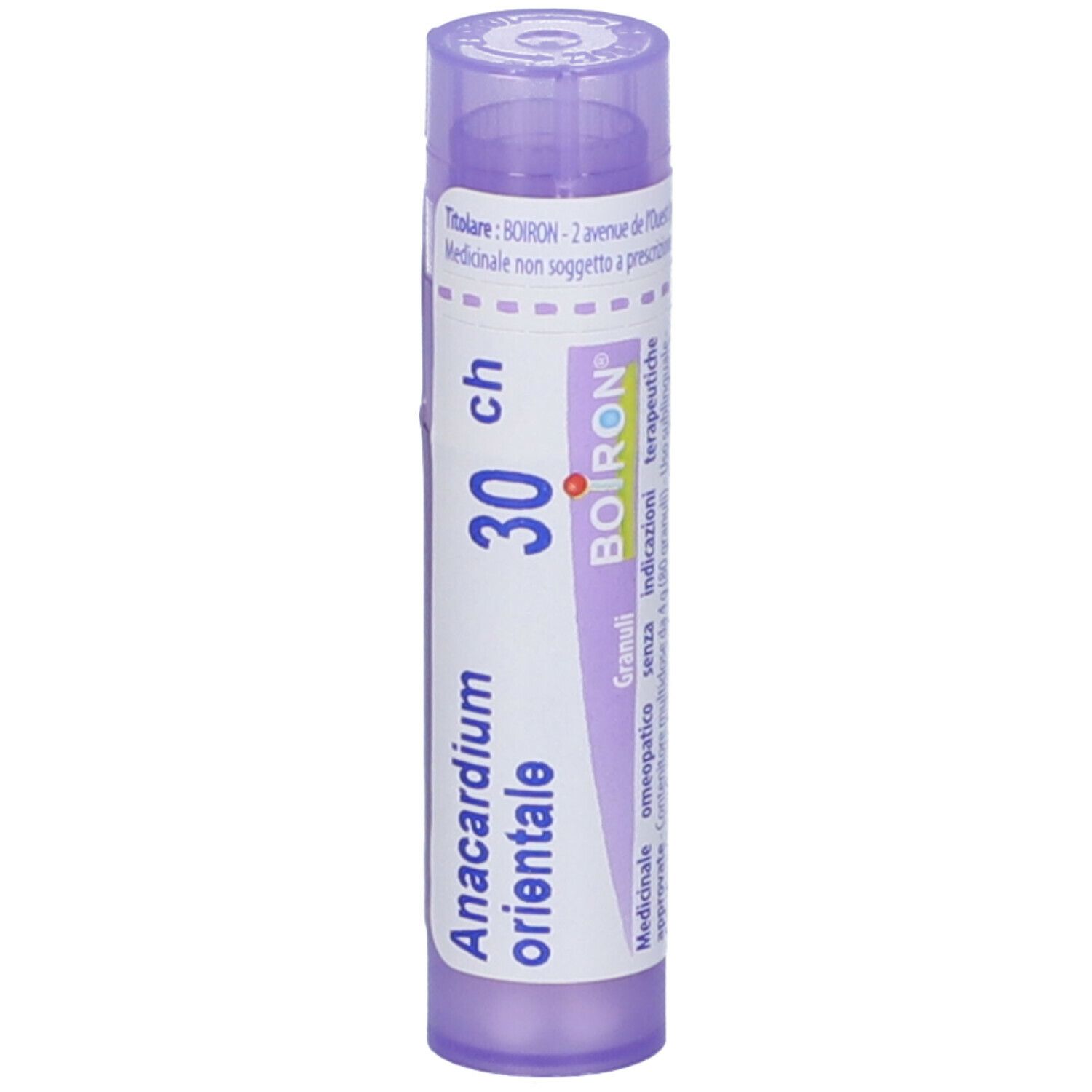 Confezione cilindrica viola con testo bianco. Contiene granuli. Scritta: Anacardium orientale 30 ch, BOIRON.