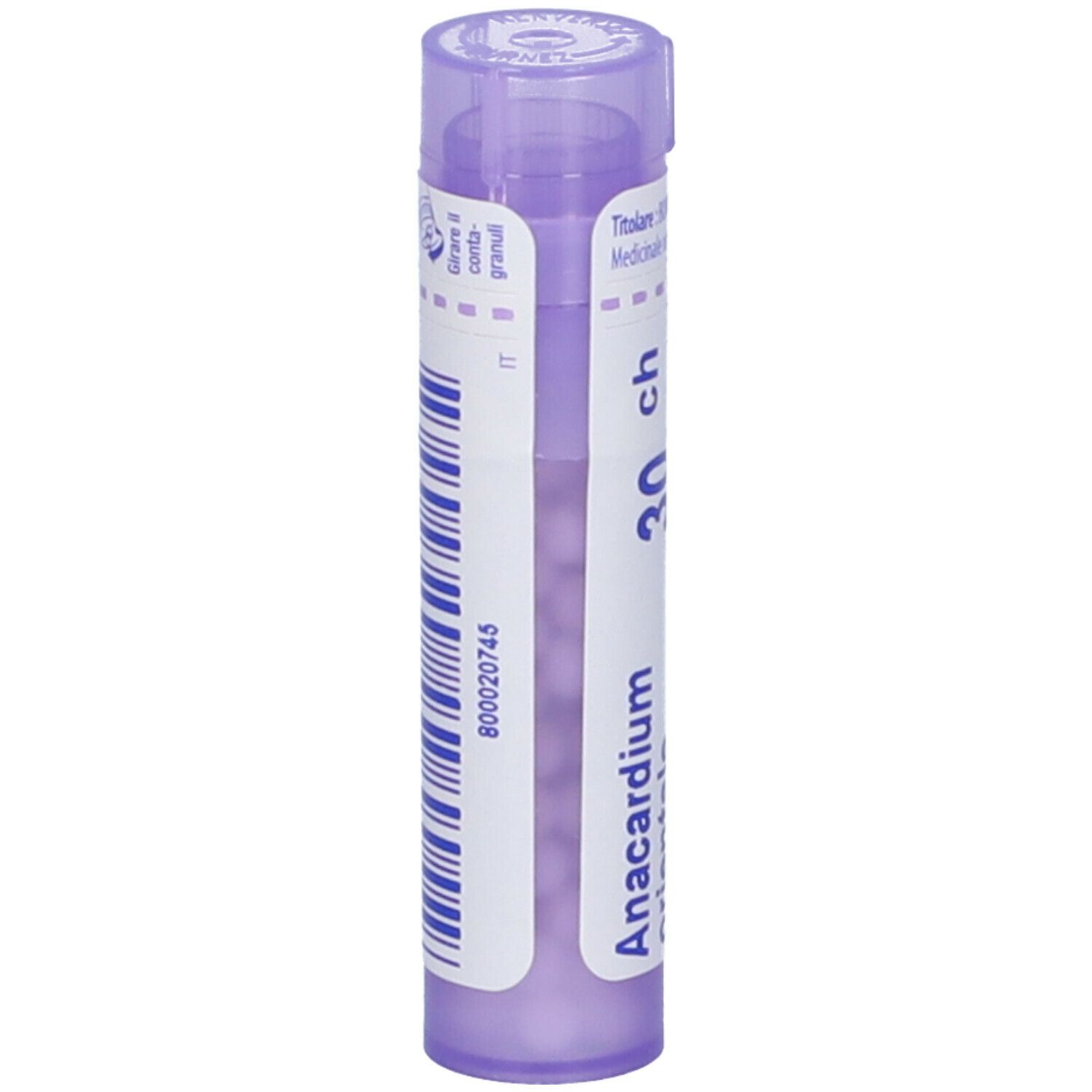 Confezione cilindrica viola con testo bianco. Contiene granuli. Scritta: Anacardium 30 ch. Codice a barre e informazioni.