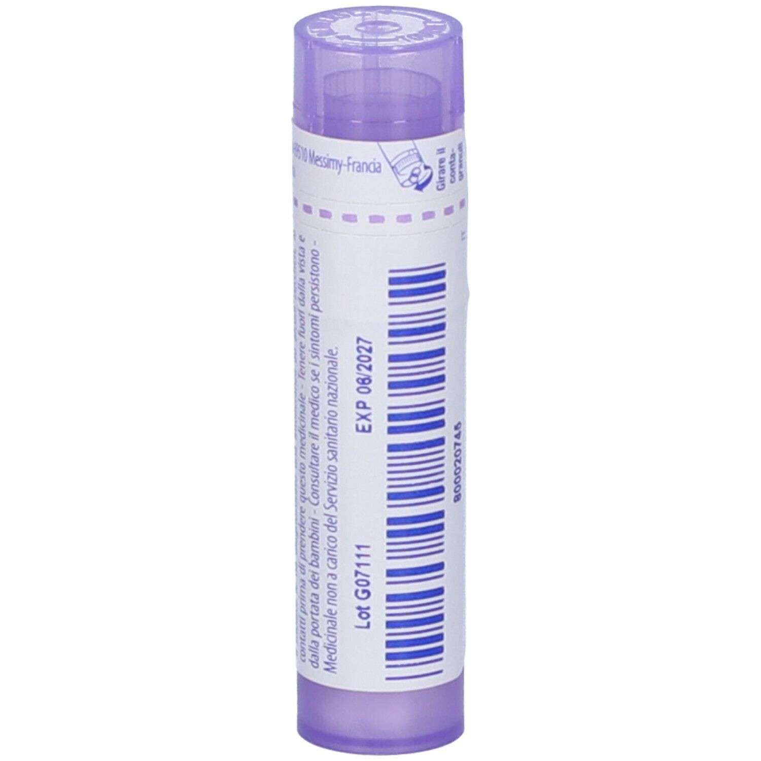 Confezione cilindrica viola con testo bianco. Contiene granuli. Scritta: EXP 06/2027, Lot G07111. Altre informazioni.