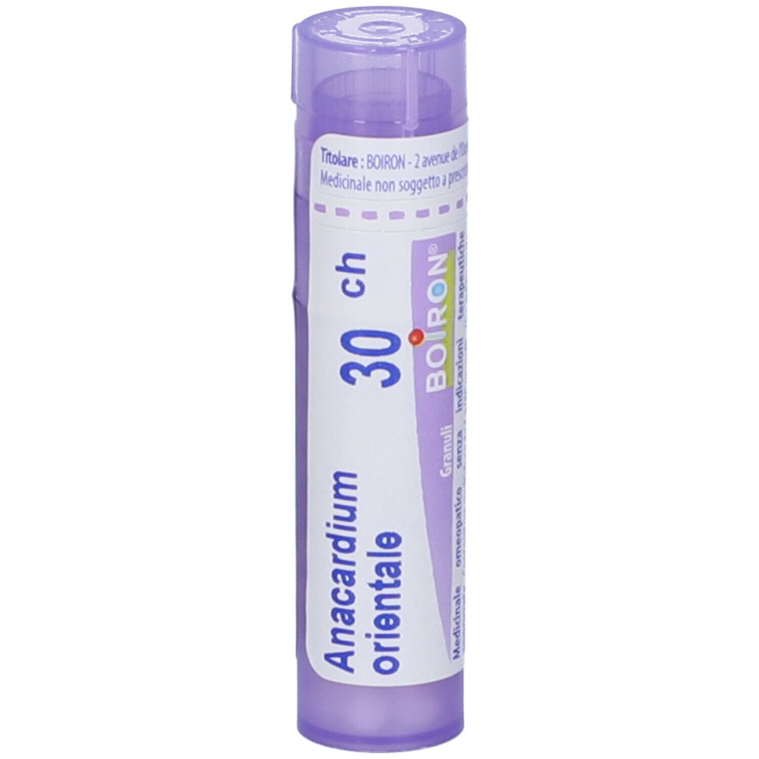 Confezione cilindrica viola con testo bianco. Contiene granuli. Scritta: Anacardium orientale 30 ch, BOIRON.