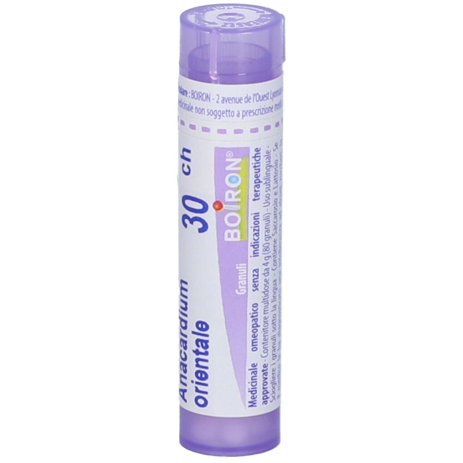 Confezione cilindrica viola con testo bianco. Contiene granuli. Scritta: Anacardium orientale 30 ch, BOIRON.