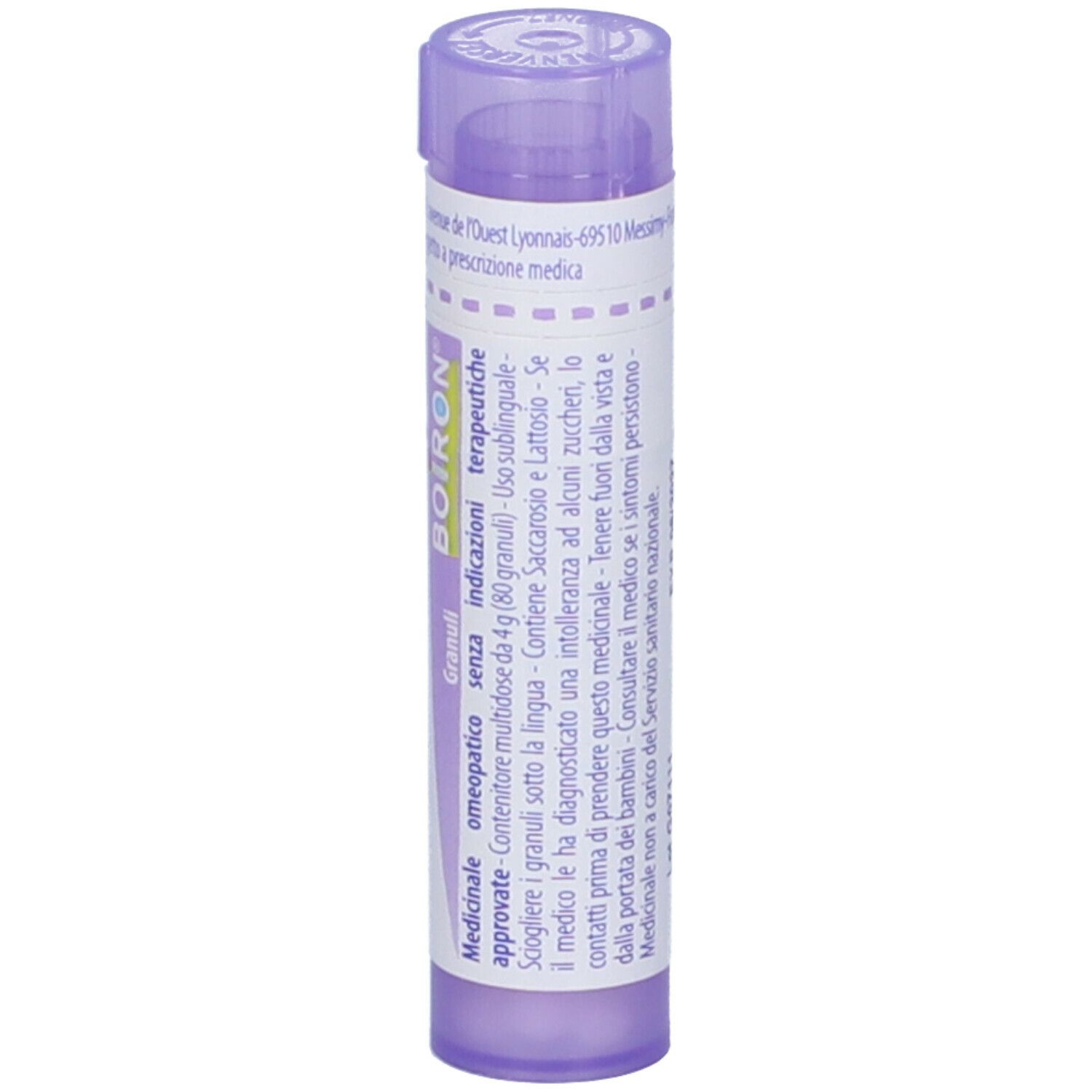 Confezione cilindrica viola con testo bianco. Contiene granuli. Scritta: BOIRON, informazioni sugli ingredienti.