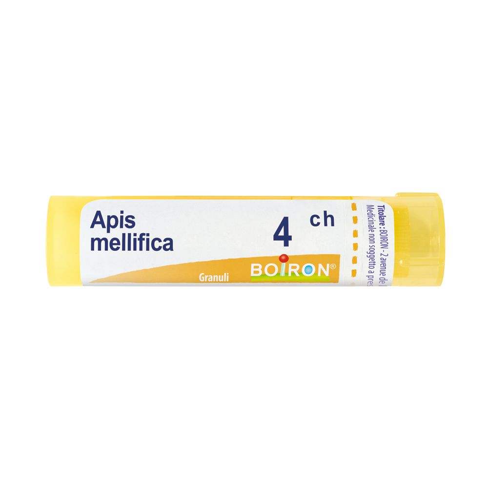 Tubo giallo con etichetta bianca. Scritta: Apis mellifica 4 ch, Granuli, BOIRON.
