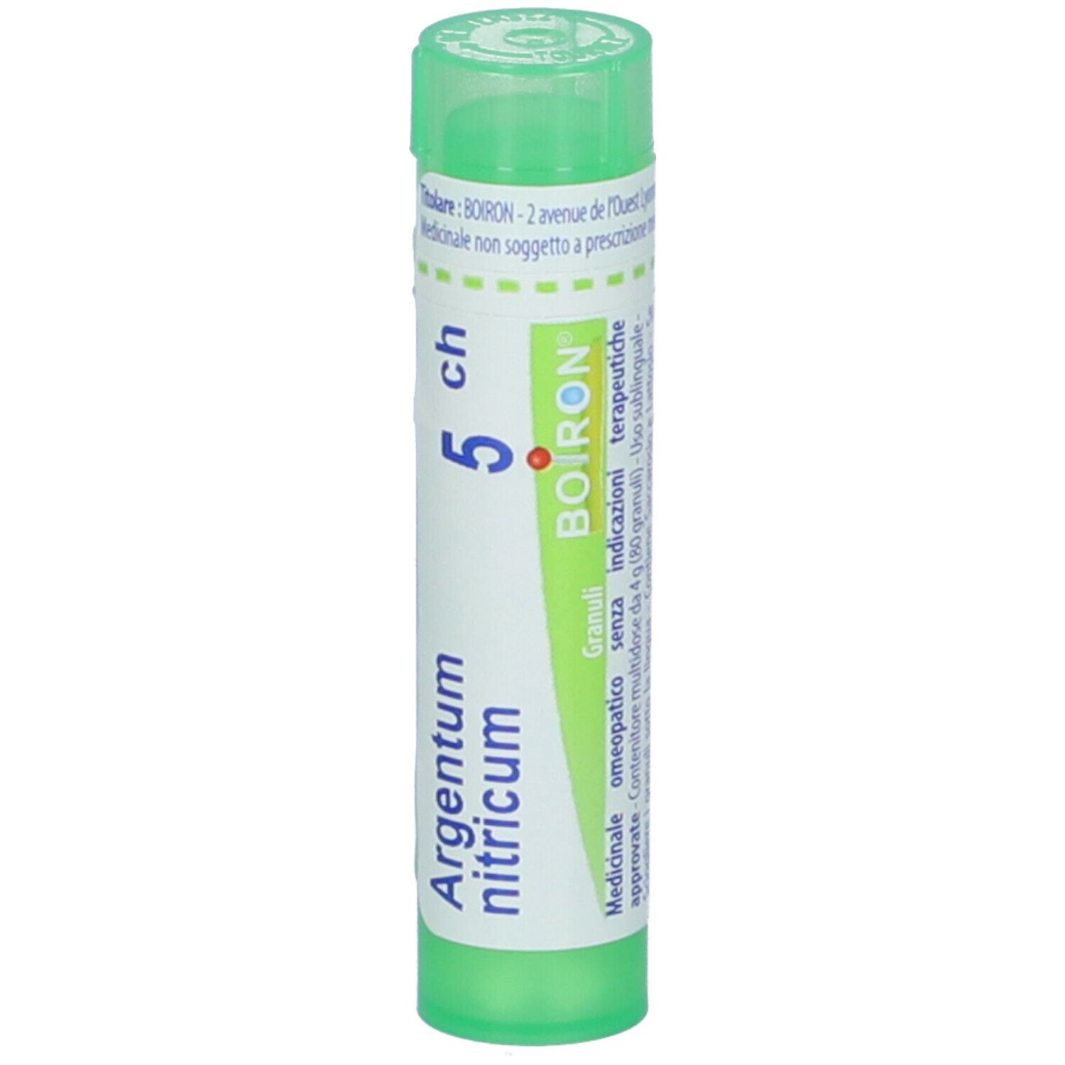 Confezione cilindrica, tappo verde. Scritta: Argentum nitricum, 5 ch, BOIRON. Granuli. Logo BOIRON.