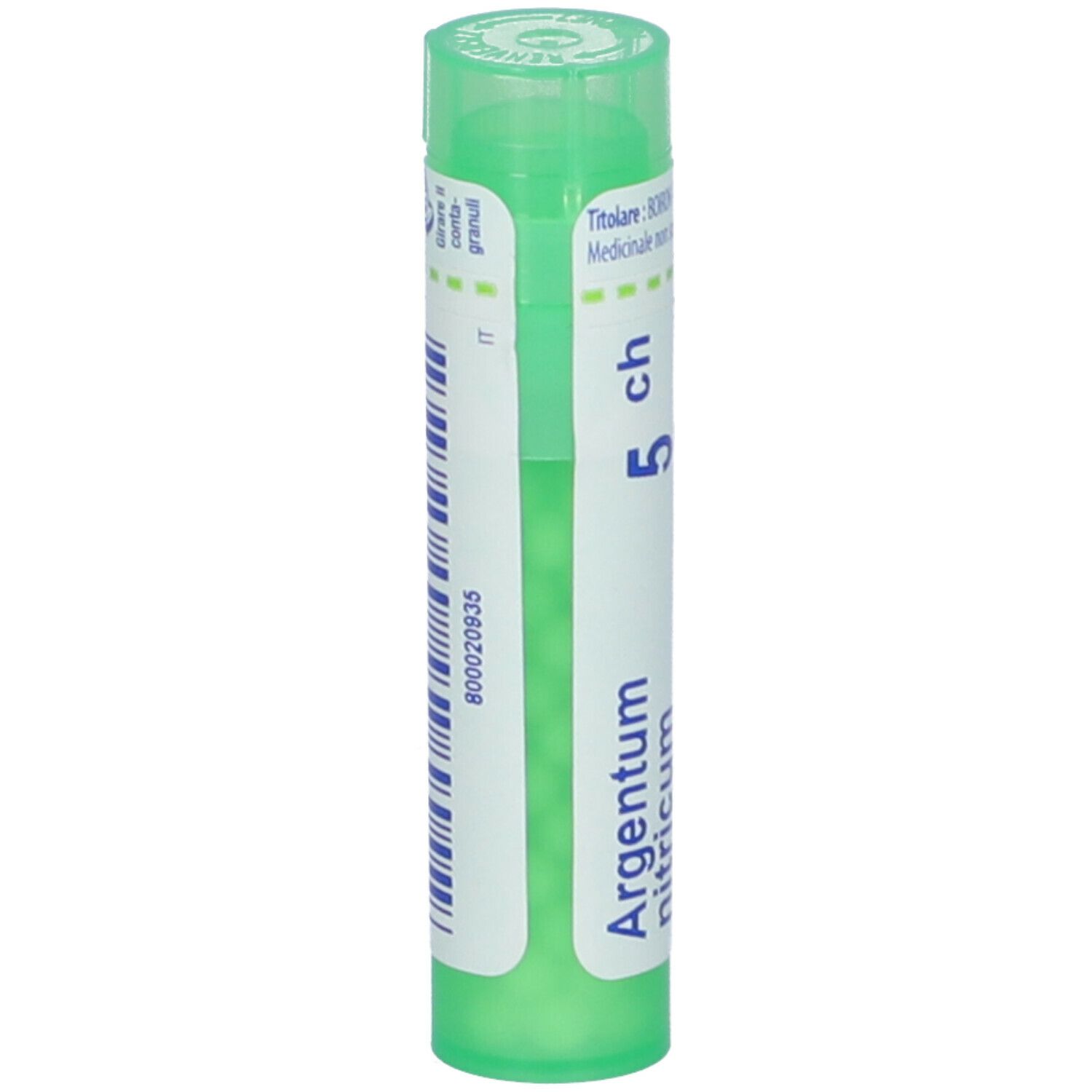 Confezione cilindrica, tappo verde. Scritta: Argentum nitricum, 5 ch. Codice a barre e identificativo IT.