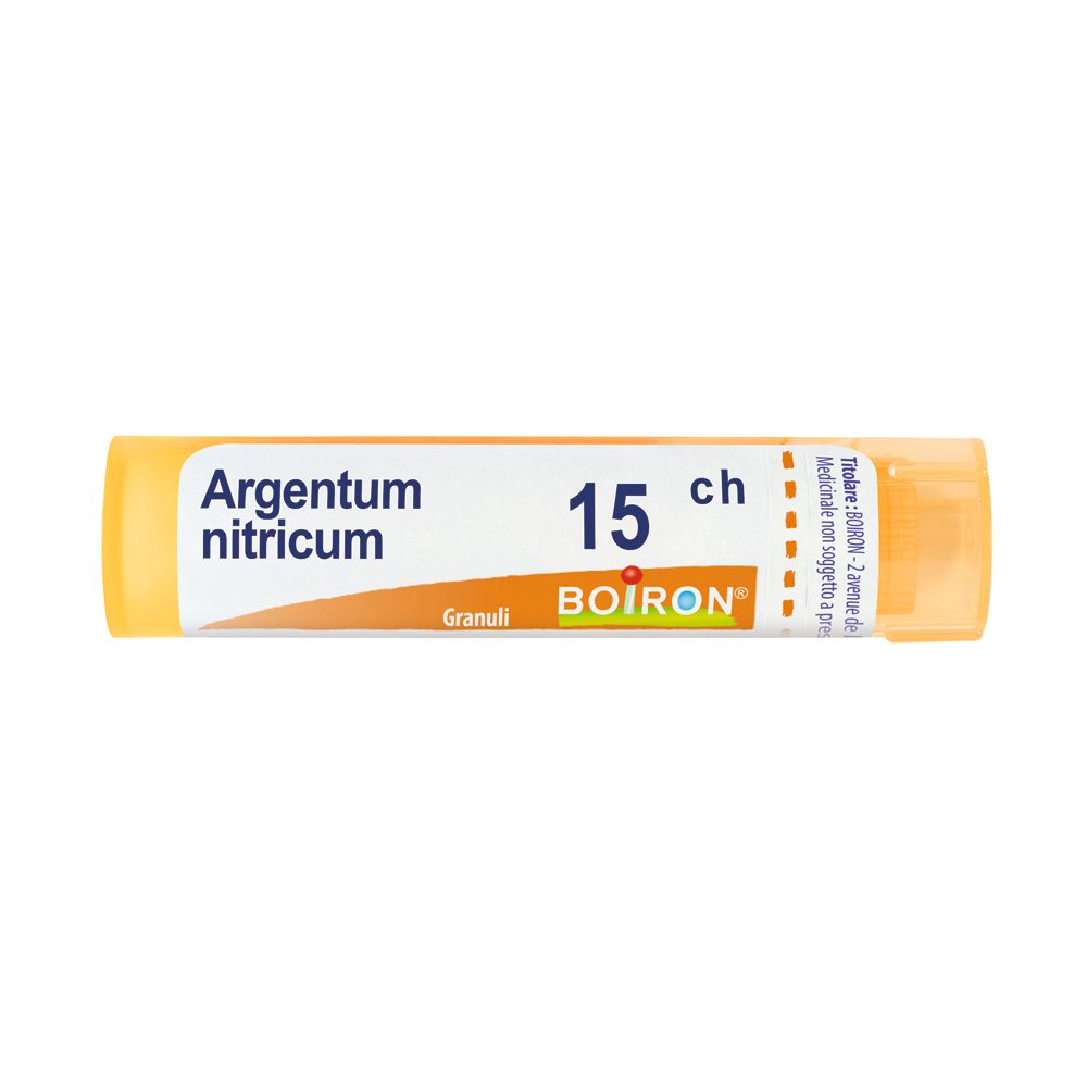 Tubo giallo Argentum nitricum 15 ch Granuli. Etichetta bianca con nome prodotto e logo BOIRON.