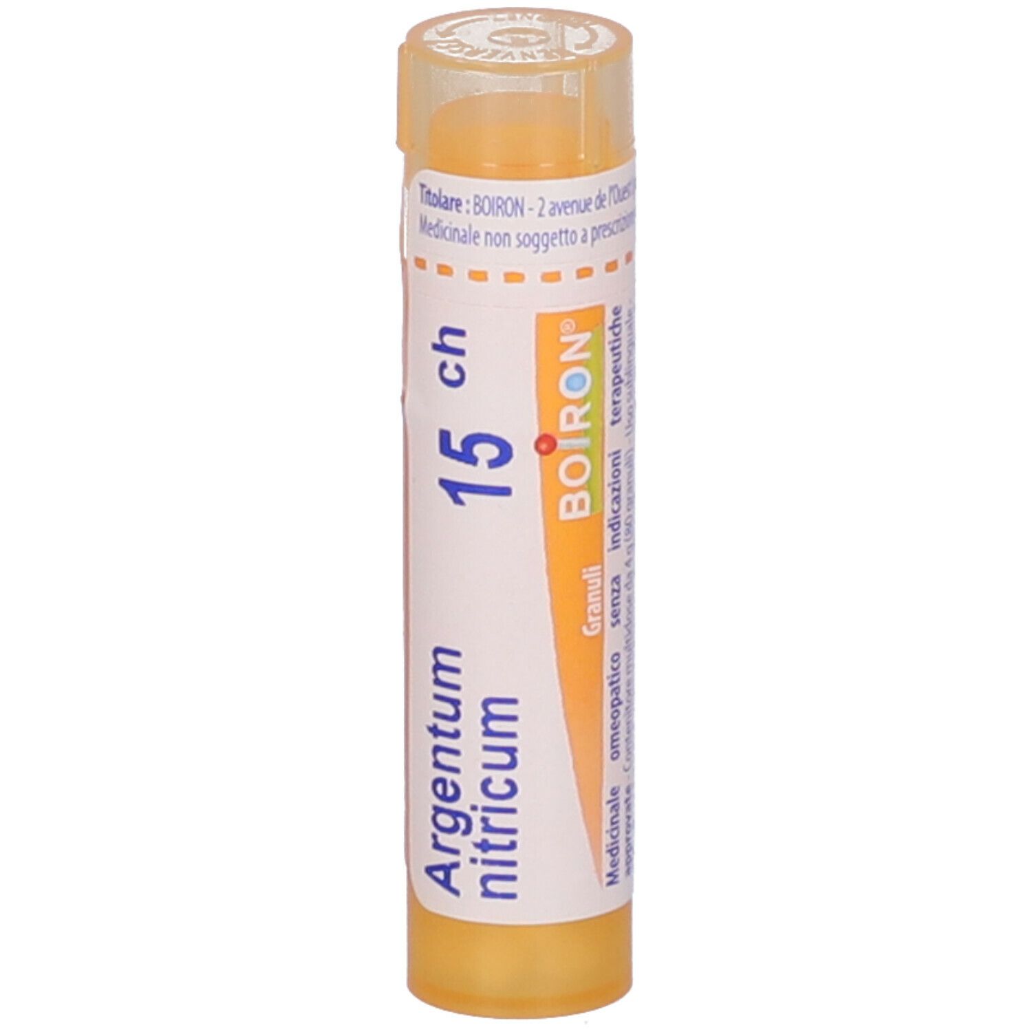 Tubo giallo Argentum nitricum 15 ch Granuli. Etichetta bianca con nome prodotto e logo BOIRON.