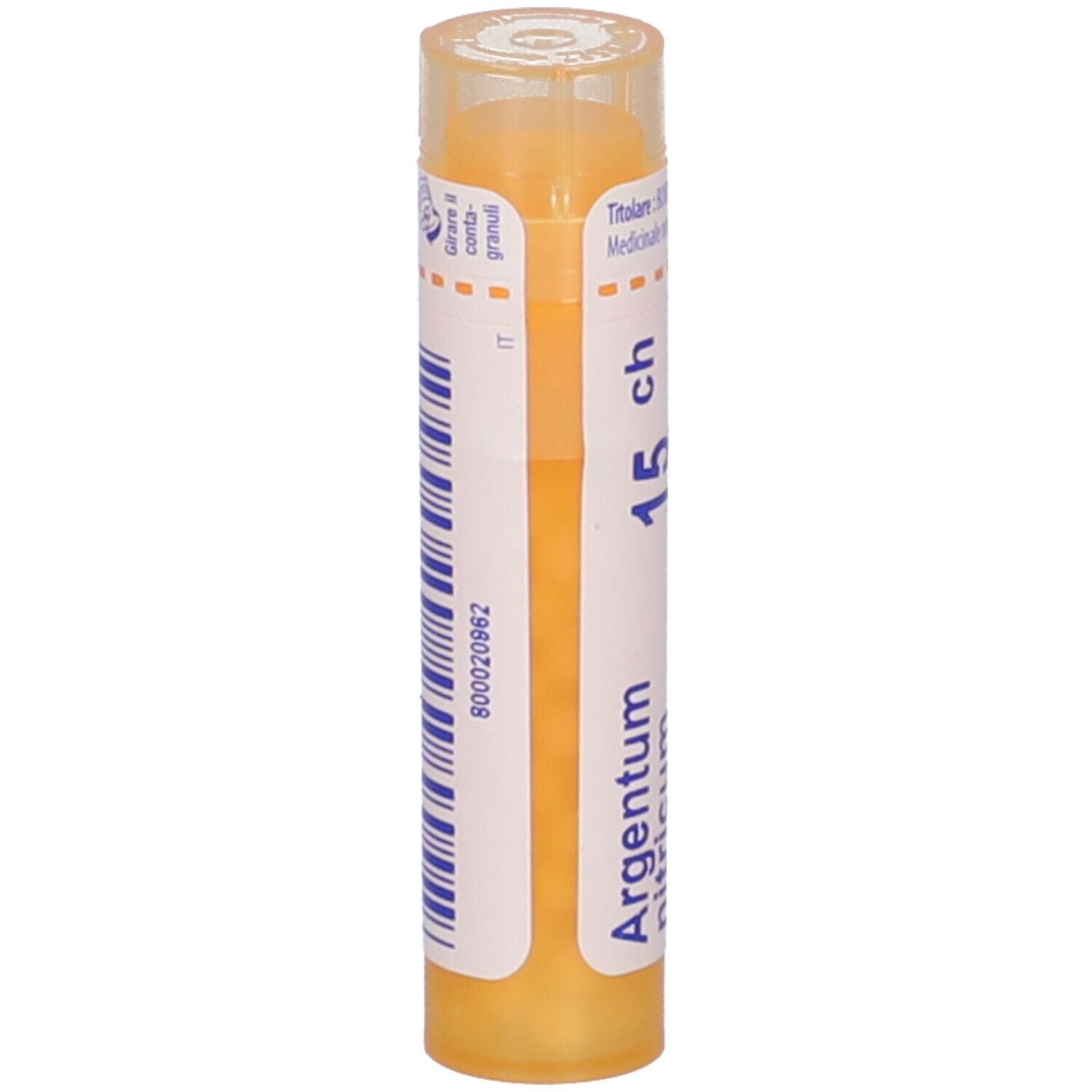 Tubo giallo Argentum nitricum 15 ch Granuli. Etichetta bianca con codice a barre e informazioni.