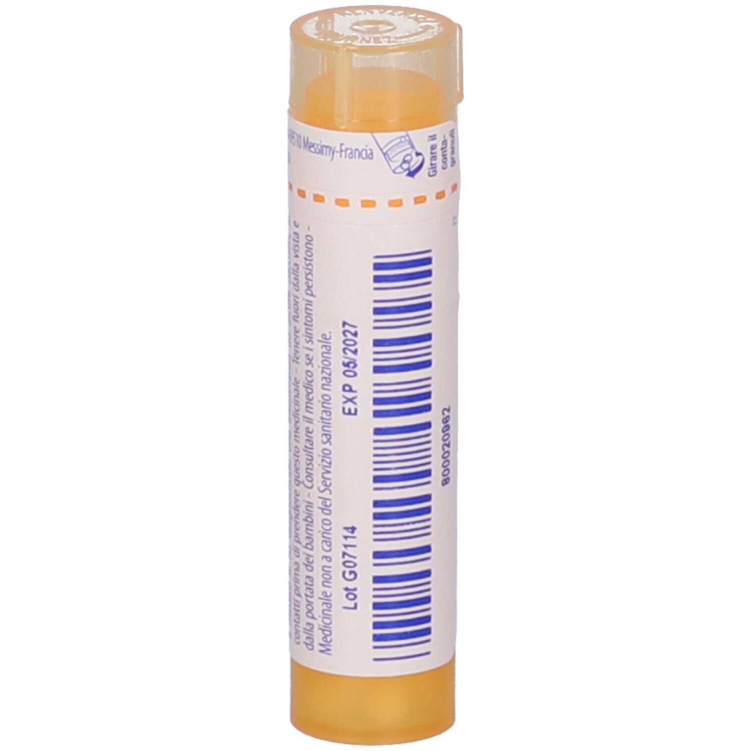 Tubo giallo Argentum nitricum 15 ch Granuli. Etichetta bianca con data di scadenza e lotto.