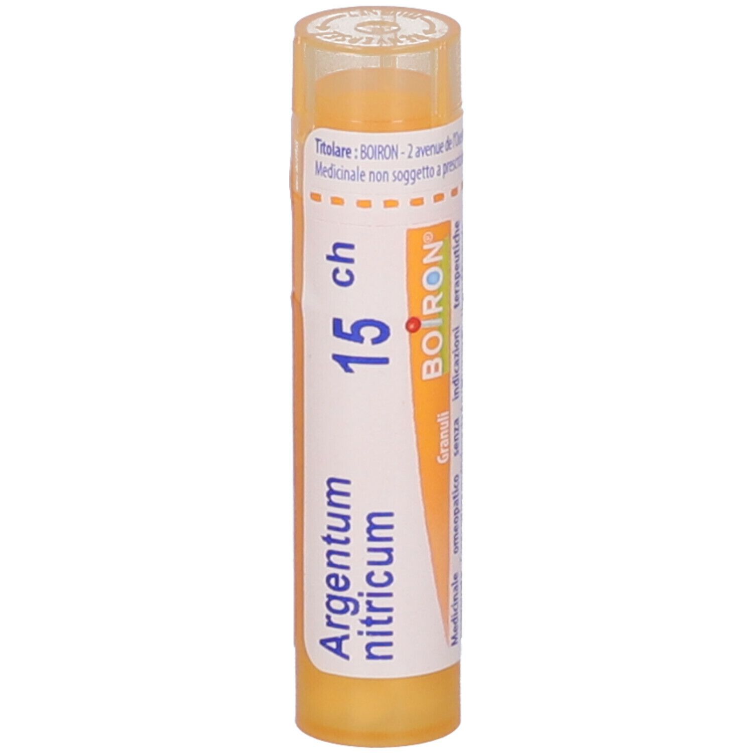 Tubo giallo Argentum nitricum 15 ch Granuli. Etichetta bianca con nome prodotto e logo BOIRON.