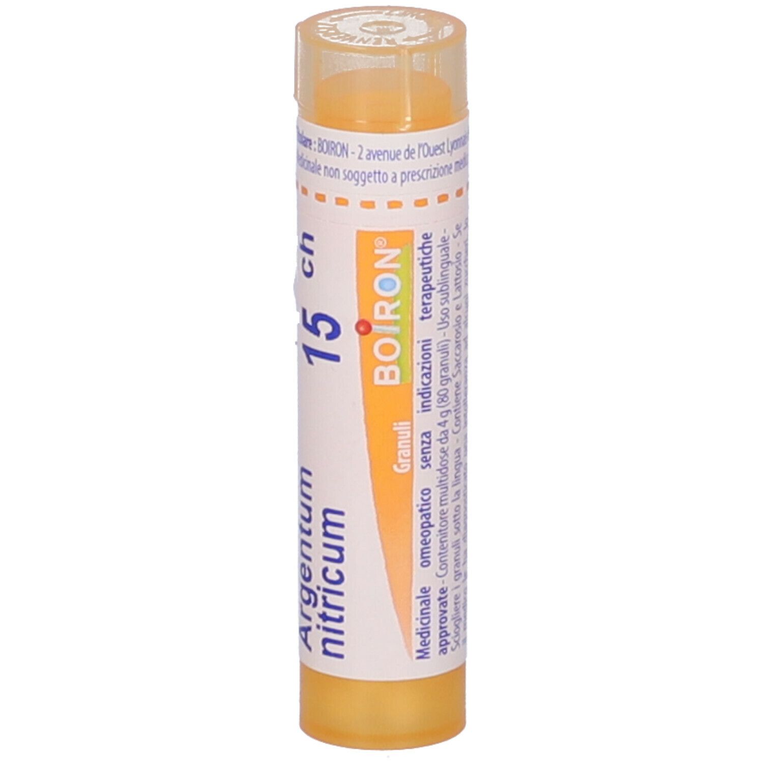 Tubo giallo Argentum nitricum 15 ch Granuli. Etichetta bianca con nome prodotto e logo BOIRON.
