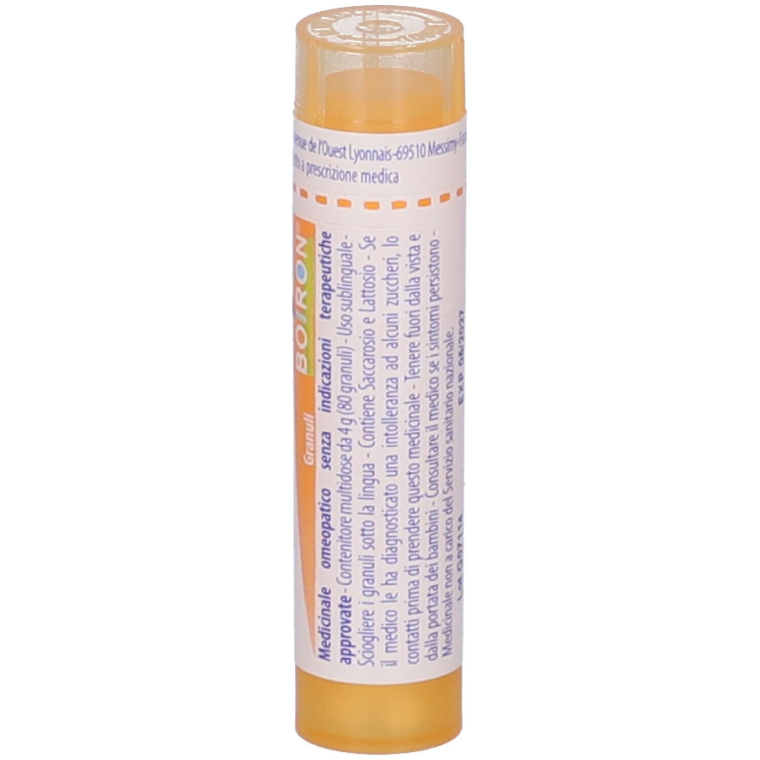 Tubo giallo Argentum nitricum 15 ch Granuli. Etichetta bianca con informazioni e logo BOIRON.