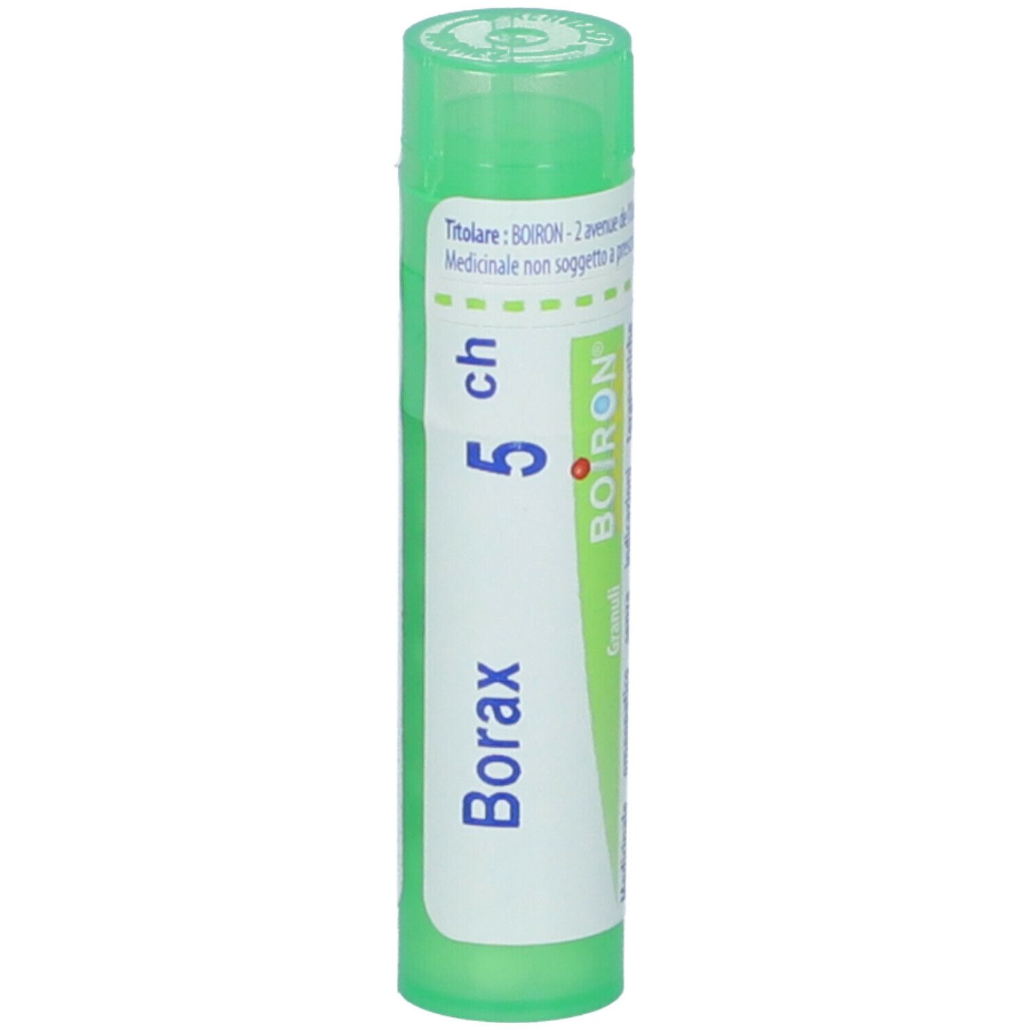 Tubo verde, etichetta bianca con scritta Borax 5 ch. Logo BOIRON. Coperchio verde. Vista verticale.